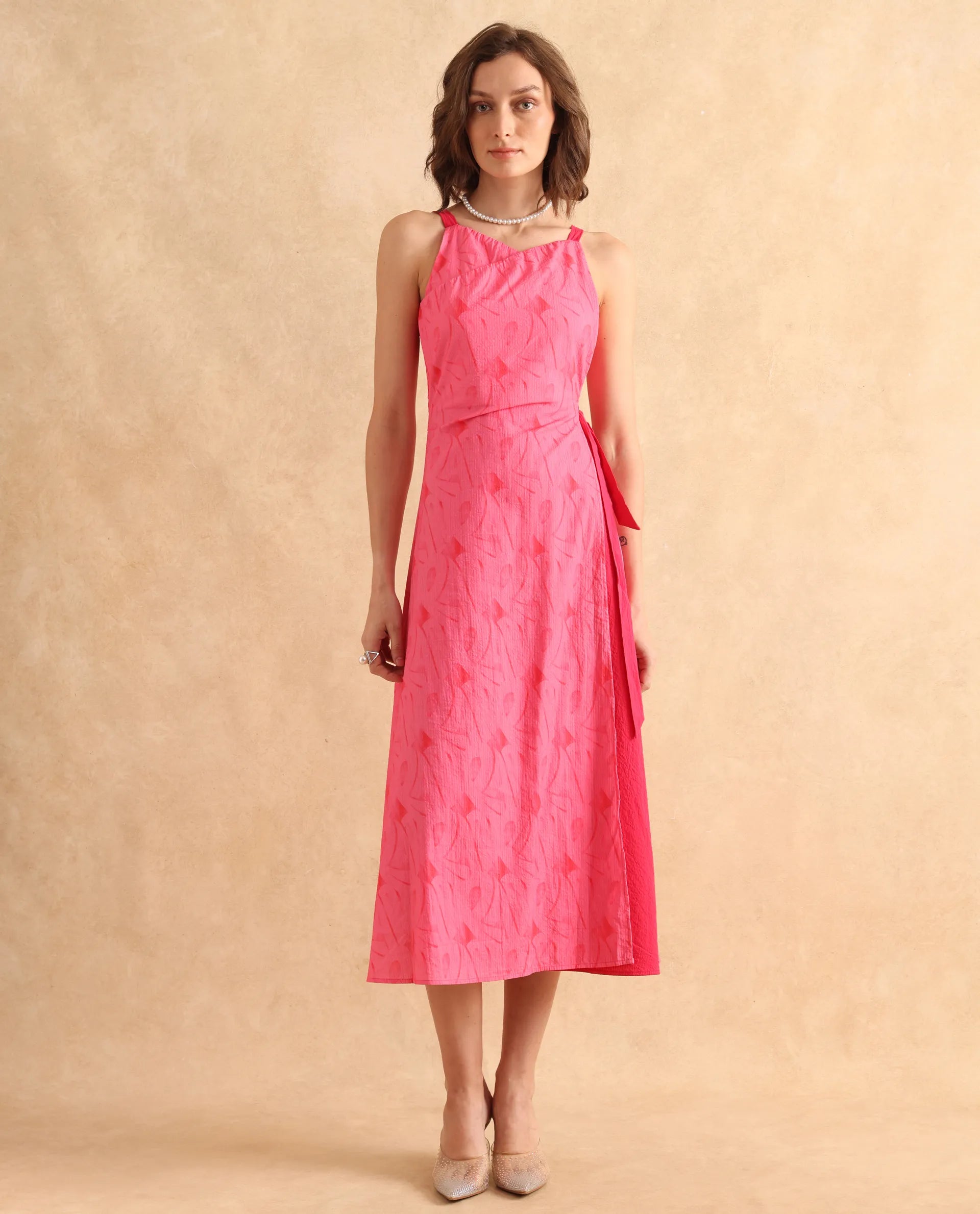 Rareism Women's Viyug Pink  Halter Neck Tie-Up Closure Sleeveless Monogram Print Wrap Midi Dress