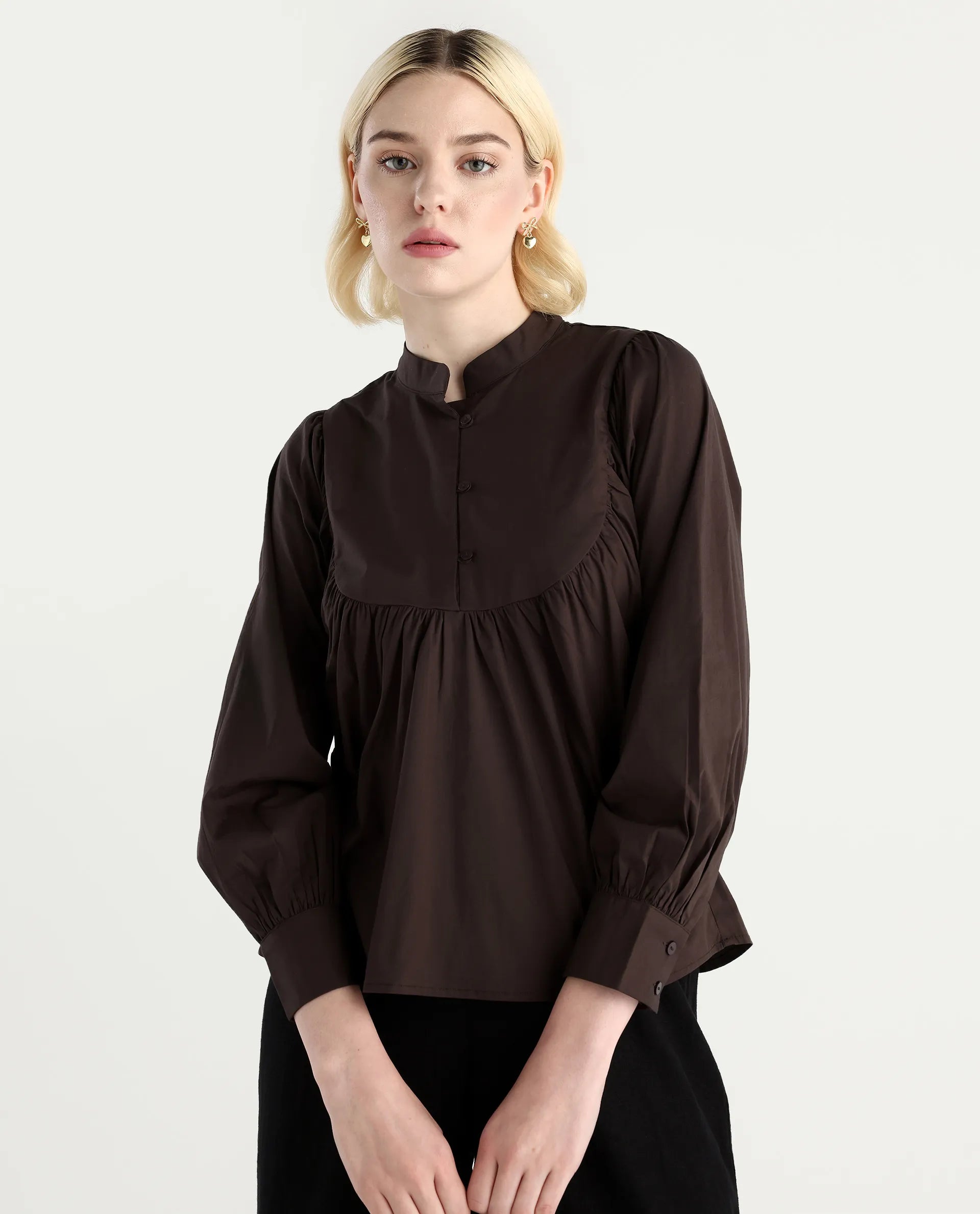 Rareism Women's Vize Brown Cotton Blend High Neck Plain Cuffed Sleeve Relaxed Fit Top