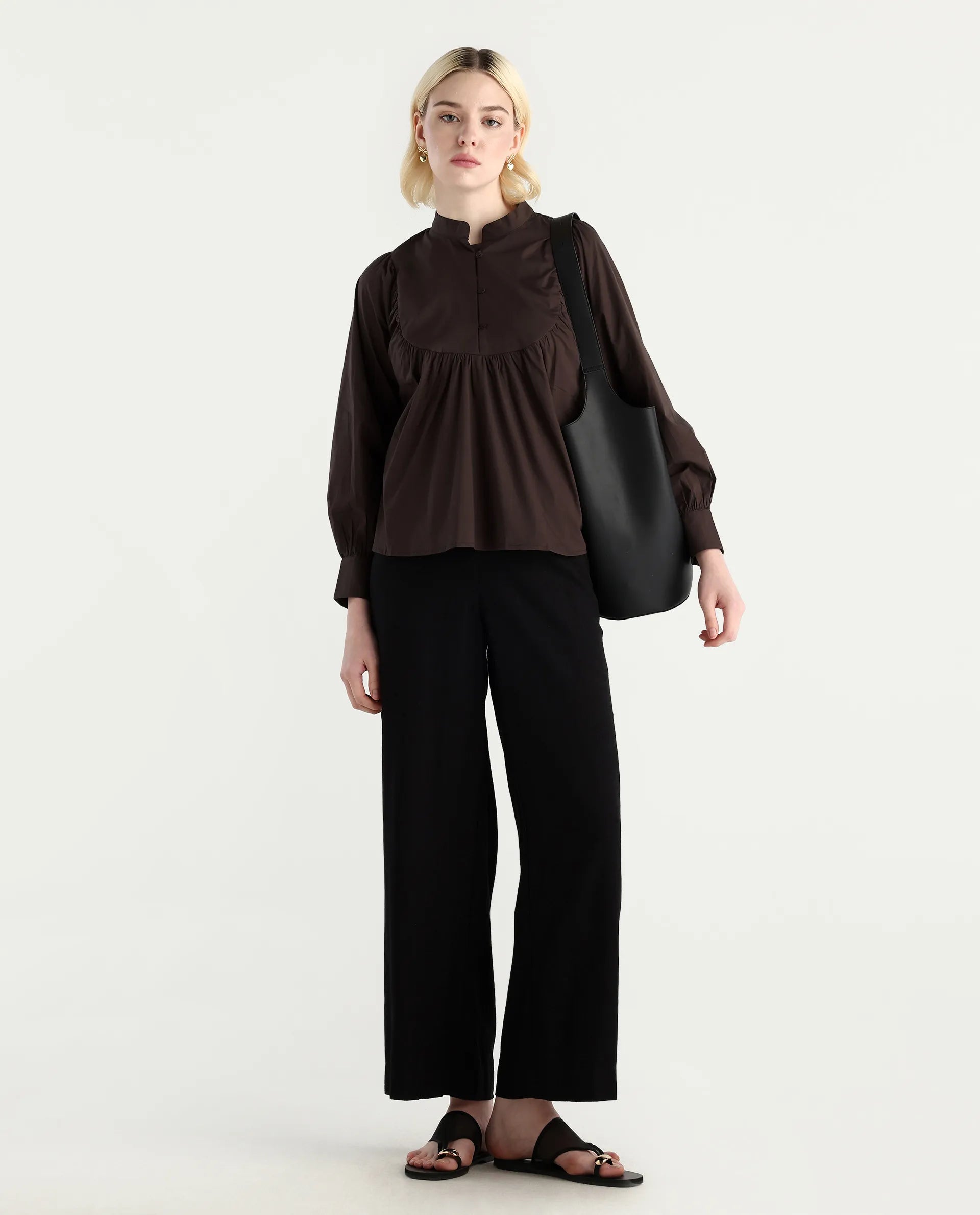 Rareism Women's Vize Brown Cotton Blend High Neck Plain Cuffed Sleeve Relaxed Fit Top