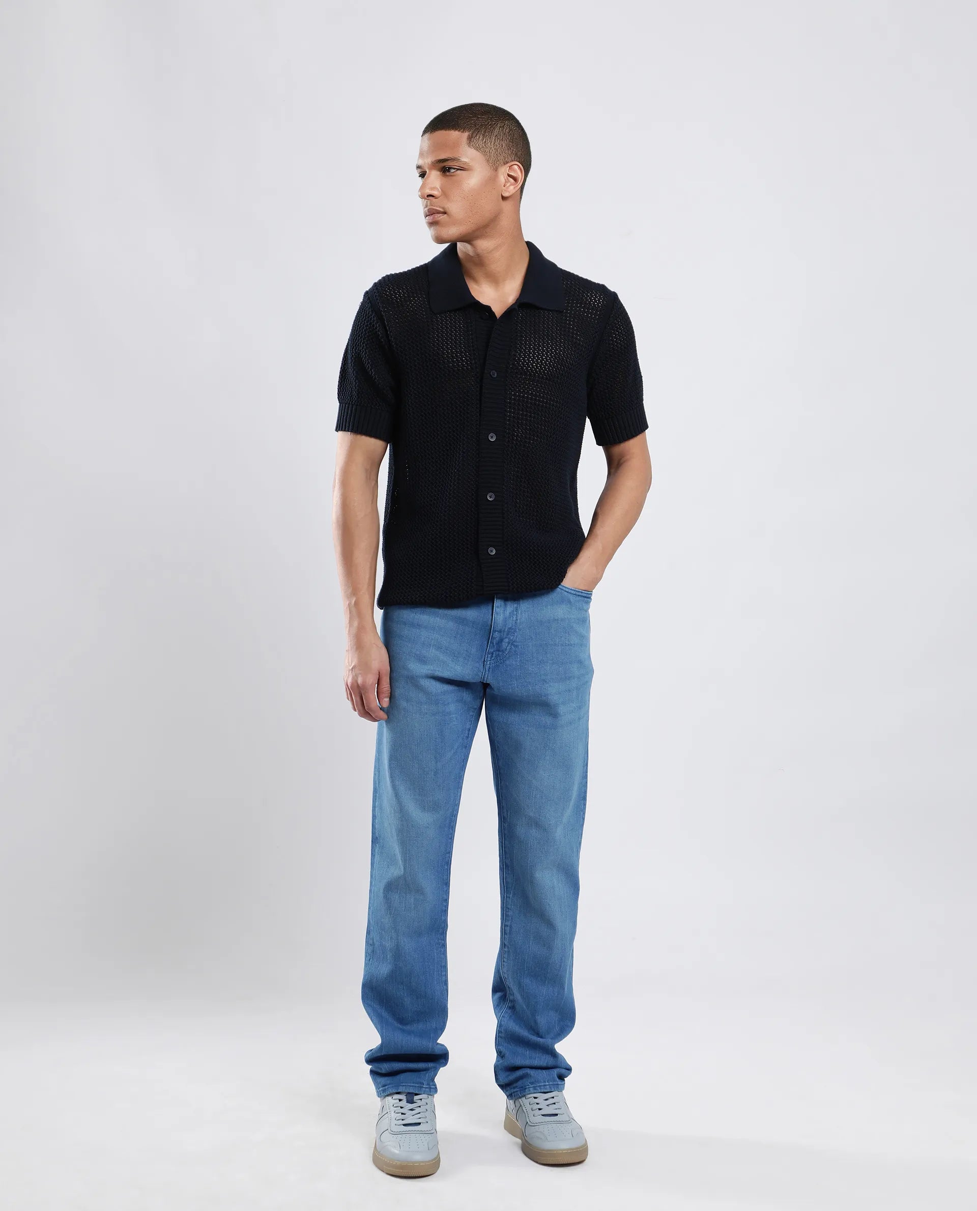 Rare Rabbit Men's Vlad-4 Blue Cotton Blend Plain Morris Regular Fit Jeans