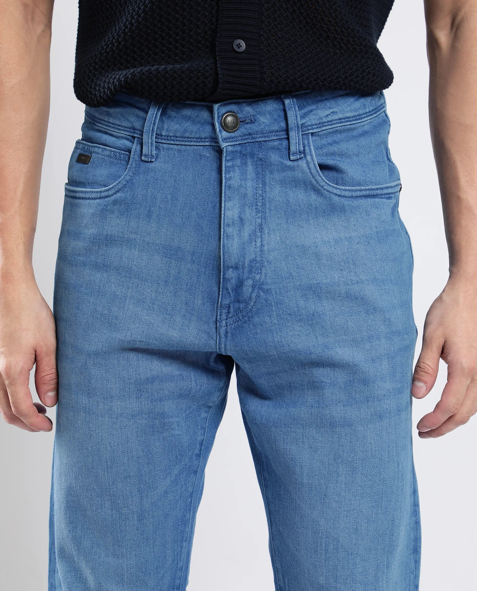 Rare Rabbit Men's Vlad-4 Blue Cotton Blend Plain Morris Regular Fit Jeans