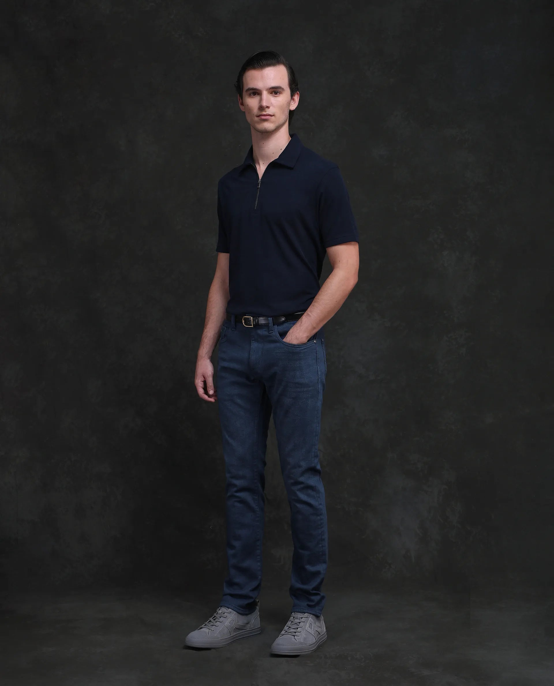 Rare Rabbit Men Vlad-G Dark Blue Cotton Blend Fabric Button Closure Slim Fit Plain Jeans