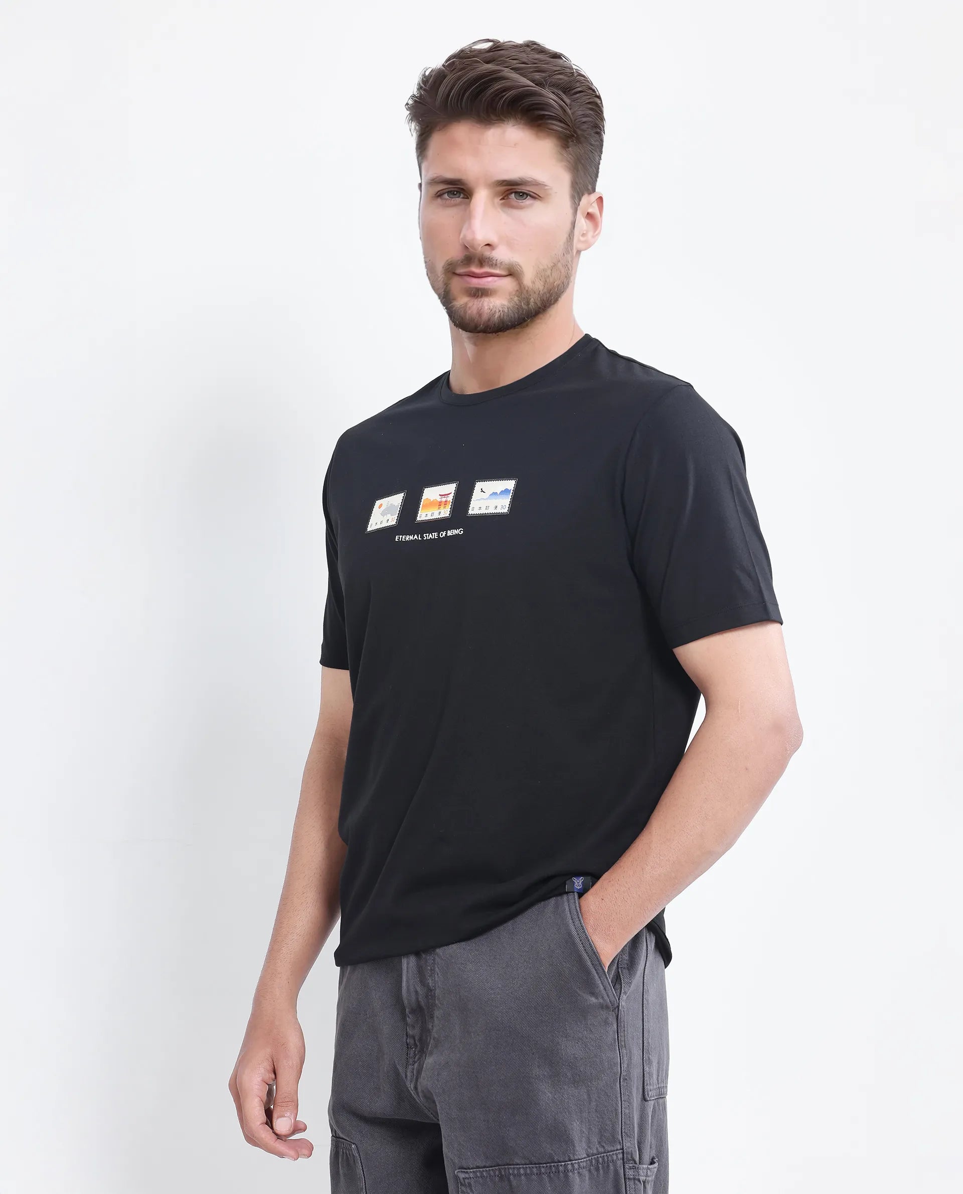 Rare Rabbit Men Vob Black Cotton Lycra Fabric Short Sleeve Crew Neck Slip-On Plain T-Shirt