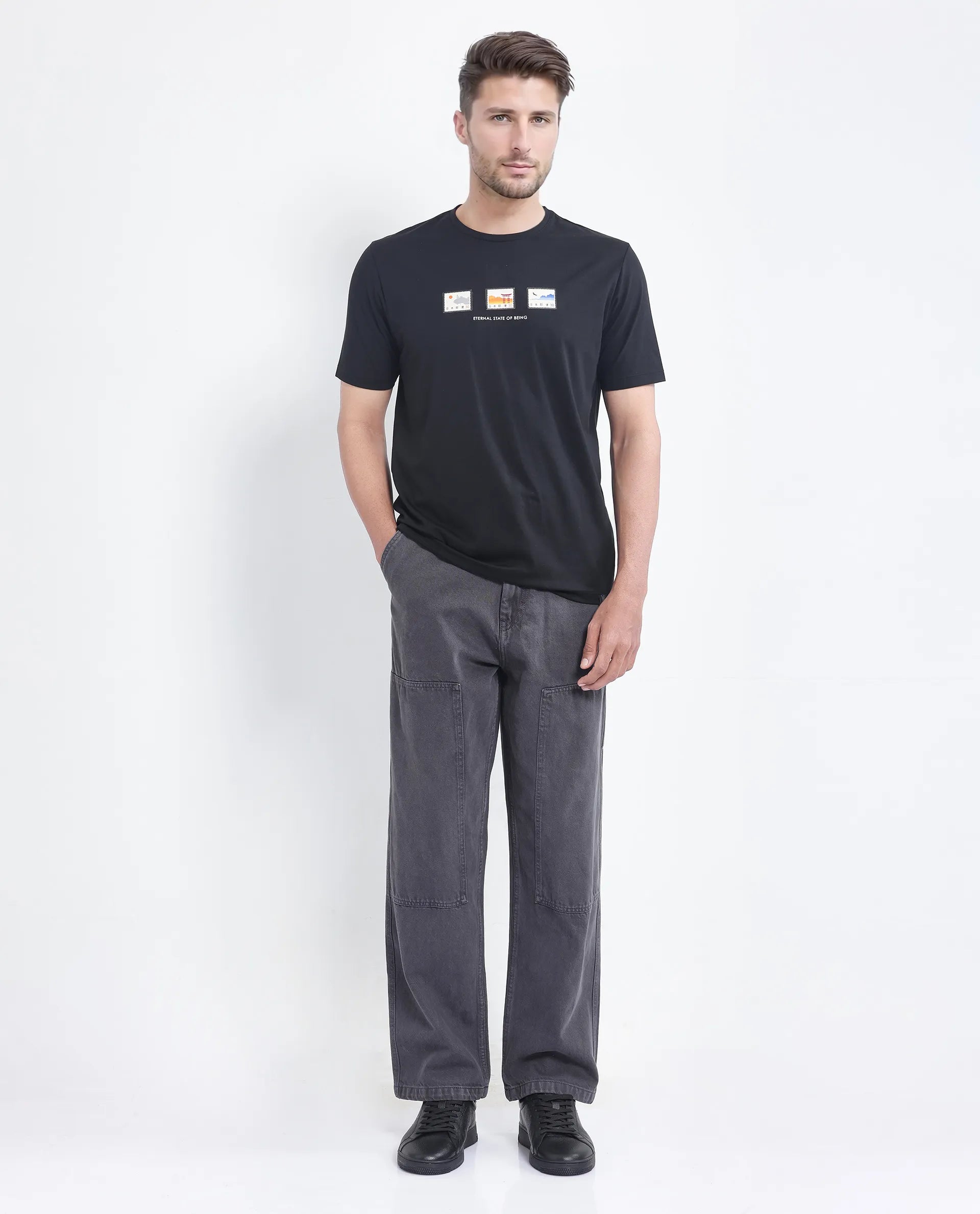 Rare Rabbit Men Vob Black Cotton Lycra Fabric Short Sleeve Crew Neck Slip-On Plain T-Shirt