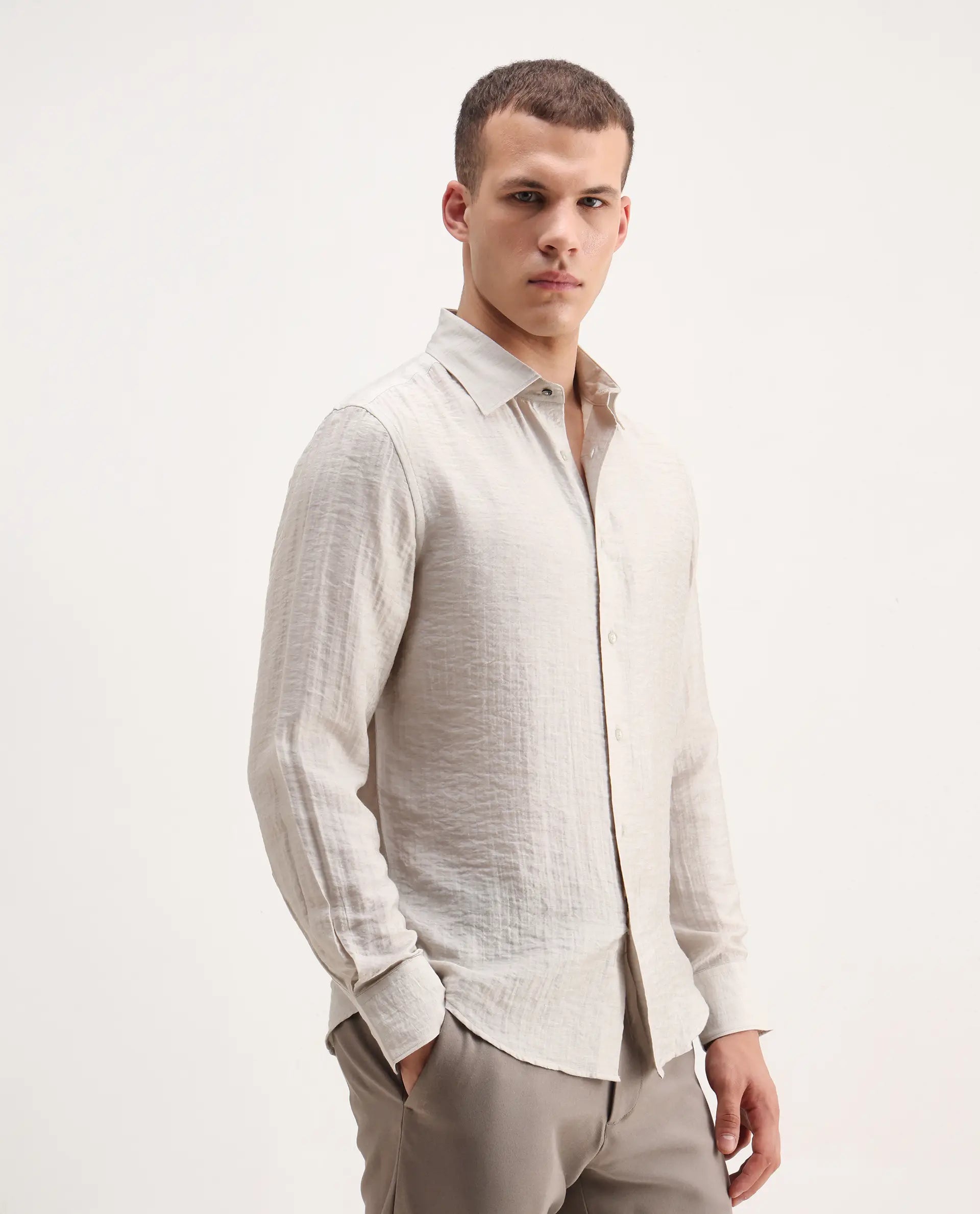 Rare Rabbit Men's Vobrin Dusky Beige Cotton Plain Regular Fit Full Sleeve Collared Shirt