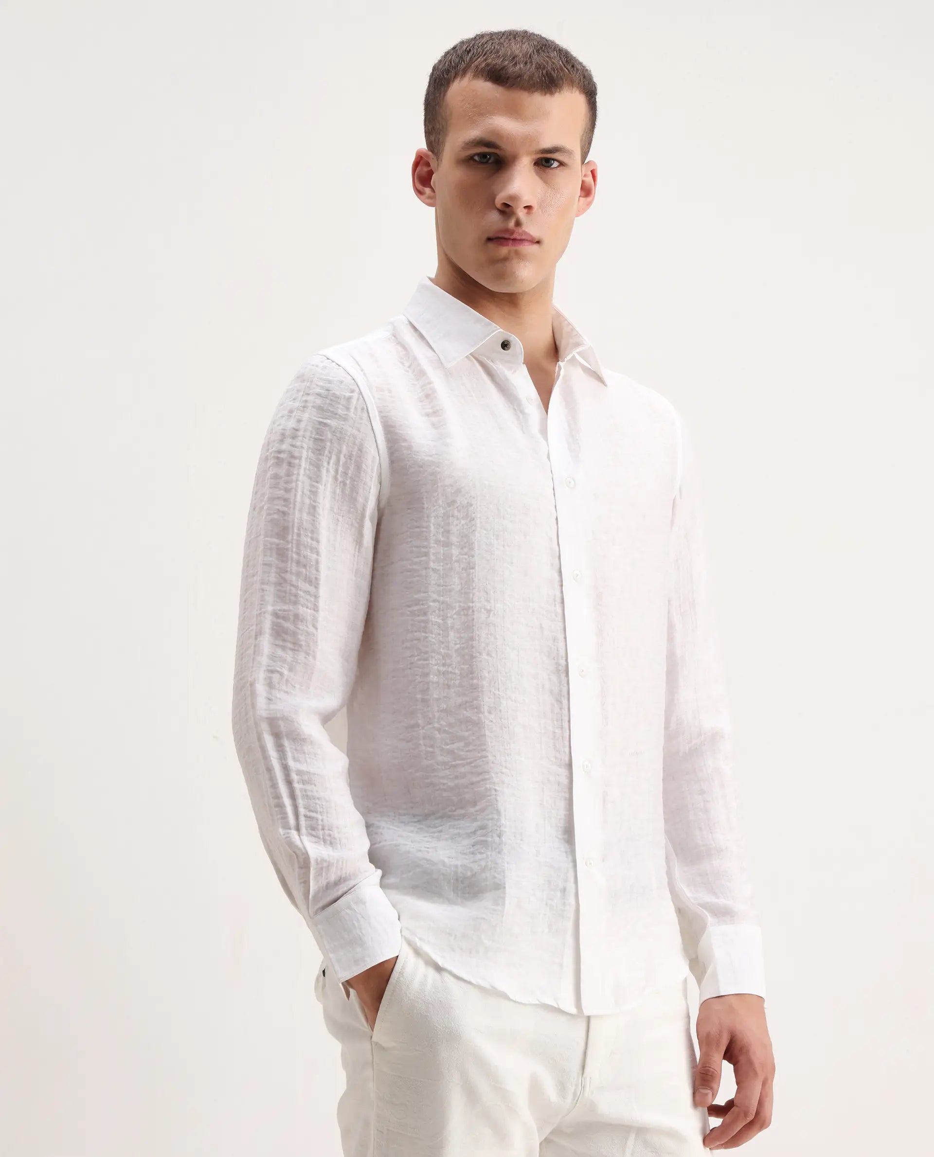 Rare Rabbit Men's Vobrin White Cotton Plain Regular Fit Full Sleeve Collared Shirt