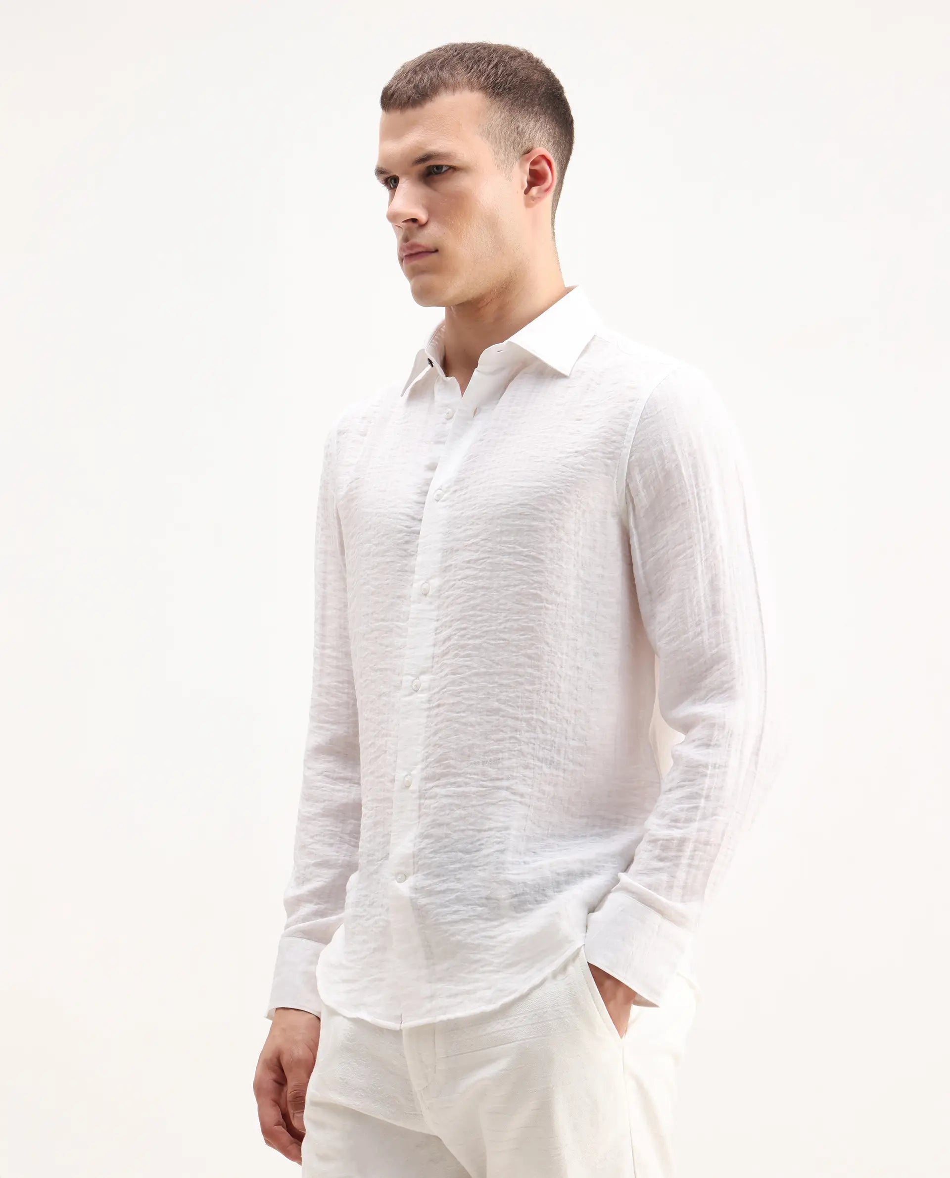 Rare Rabbit Men's Vobrin White Cotton Plain Regular Fit Full Sleeve Collared Shirt