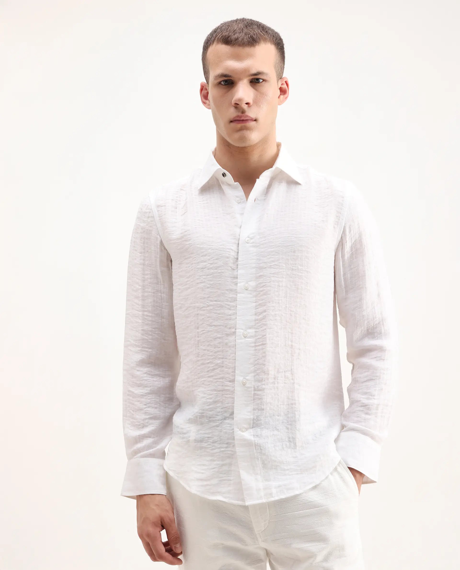 Rare Rabbit Men's Vobrin White Cotton Plain Regular Fit Full Sleeve Collared Shirt