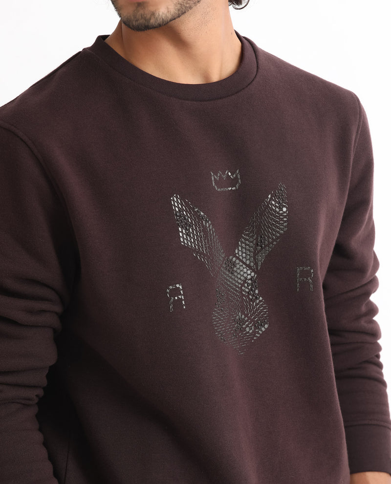 Rare Rabbit Mens Voir Dark Maroon Cotton Polyester Fabric Full Sleeves Logo Statement Print Knitted Sweatshirt