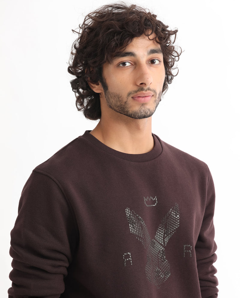 Rare Rabbit Mens Voir Dark Maroon Cotton Polyester Fabric Full Sleeves Logo Statement Print Knitted Sweatshirt