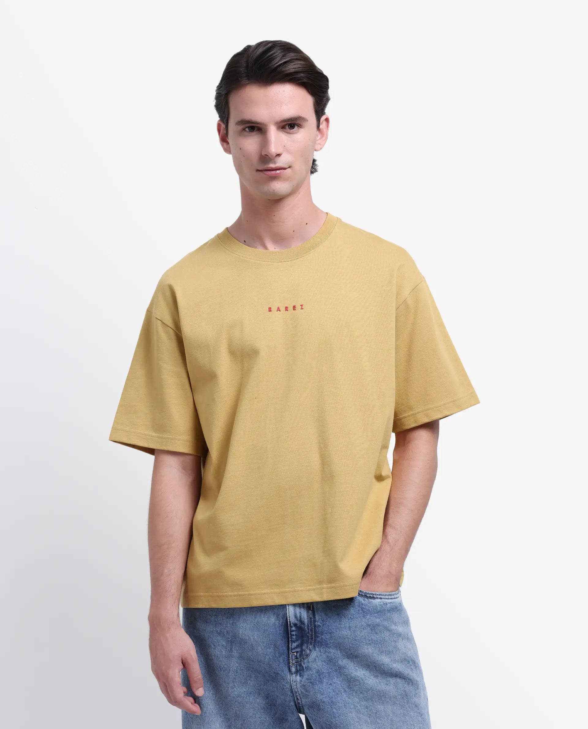 Rare Rabbit Men's Voiz Dusky Mustard Cotton Graphic Print Oversized Fit Half Sleeve Crew Neck T-Shirt