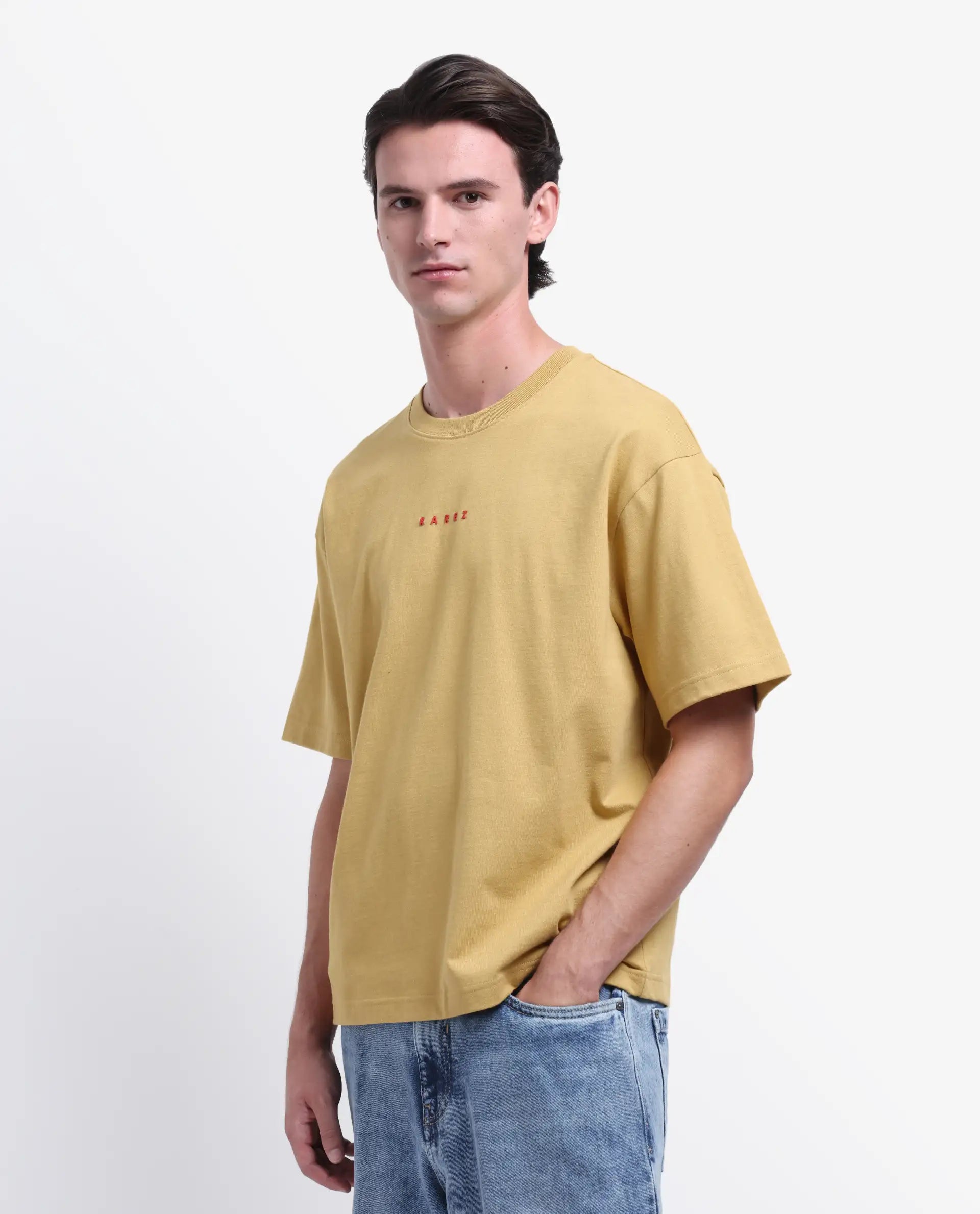 Rare Rabbit Men's Voiz Dusky Mustard Cotton Graphic Print Oversized Fit Half Sleeve Crew Neck T-Shirt