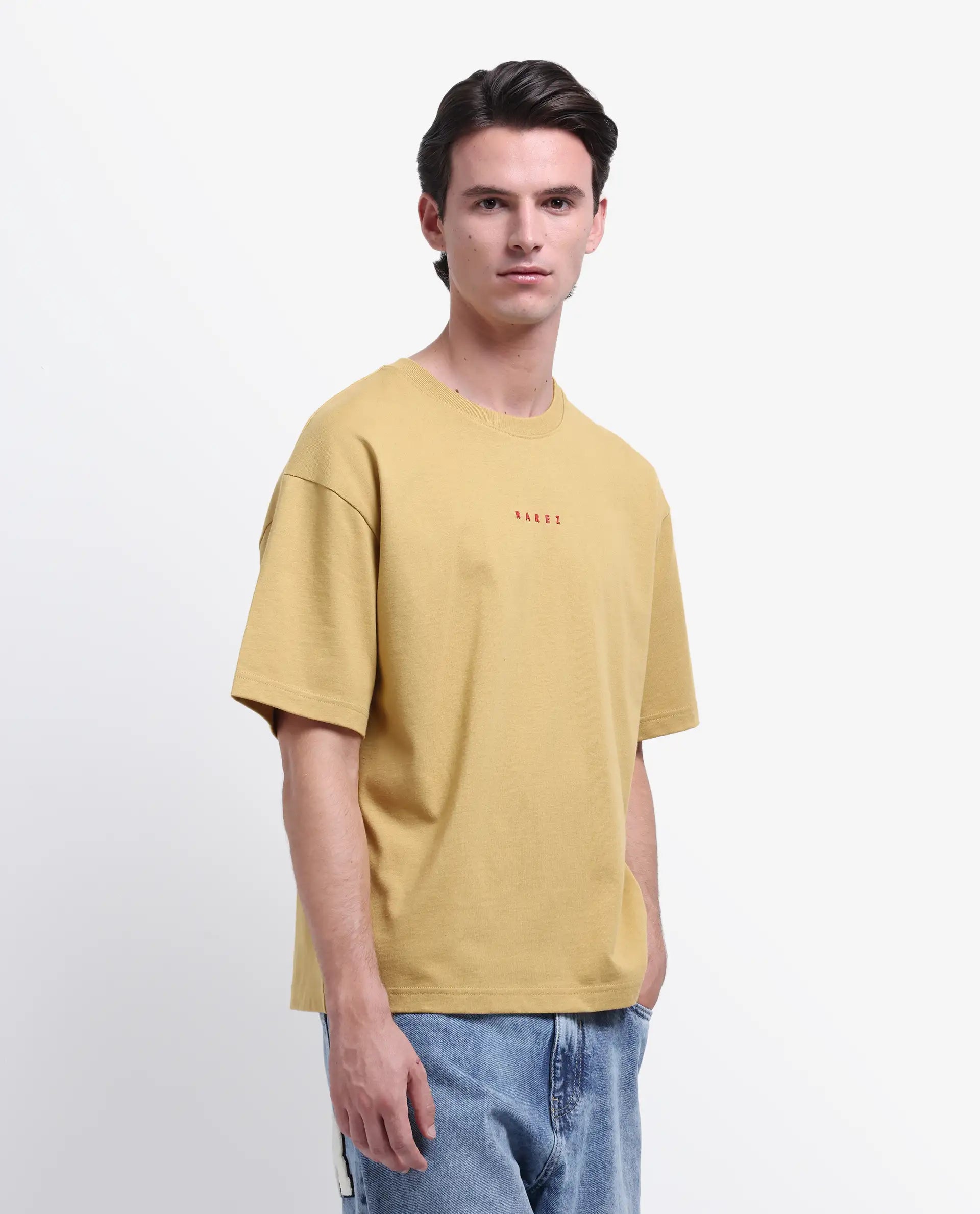 Rare Rabbit Men's Voiz Dusky Mustard Cotton Graphic Print Oversized Fit Half Sleeve Crew Neck T-Shirt