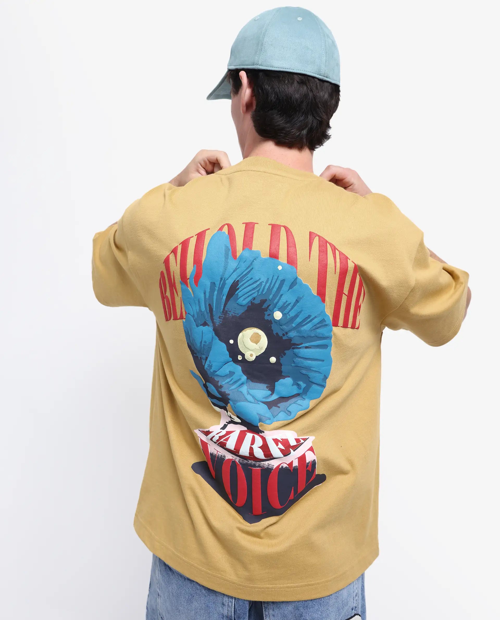 Rare Rabbit Men's Voiz Dusky Mustard Cotton Graphic Print Oversized Fit Half Sleeve Crew Neck T-Shirt