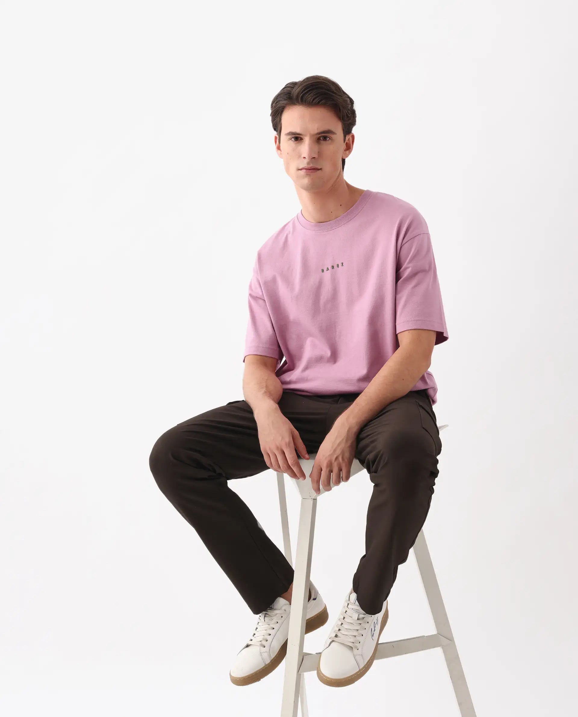 Rare Rabbit Men's Voiz Pink Cotton Graphic Print Oversized Fit Half Sleeve Crew Neck T-Shirt