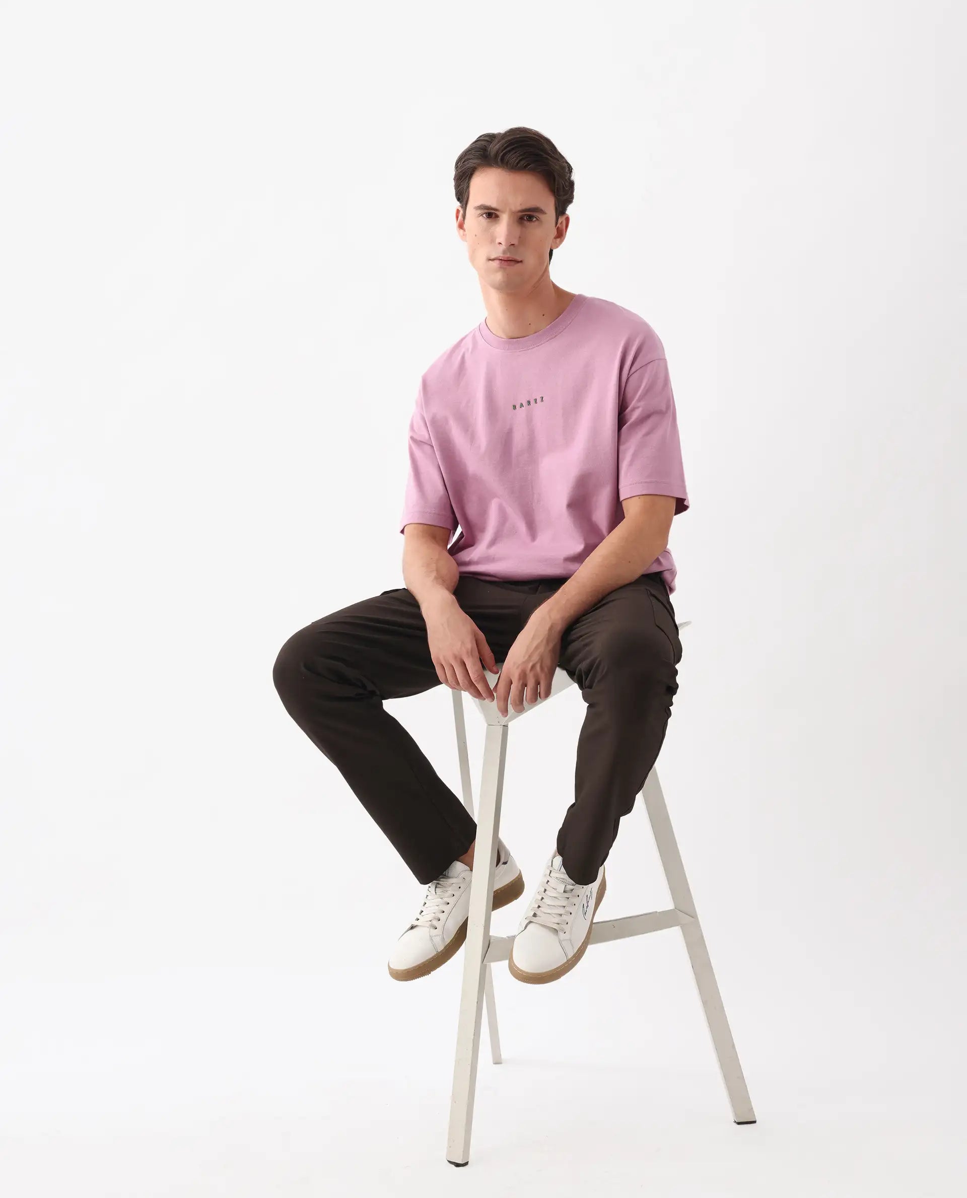 Rare Rabbit Men's Voiz Pink Cotton Graphic Print Oversized Fit Half Sleeve Crew Neck T-Shirt