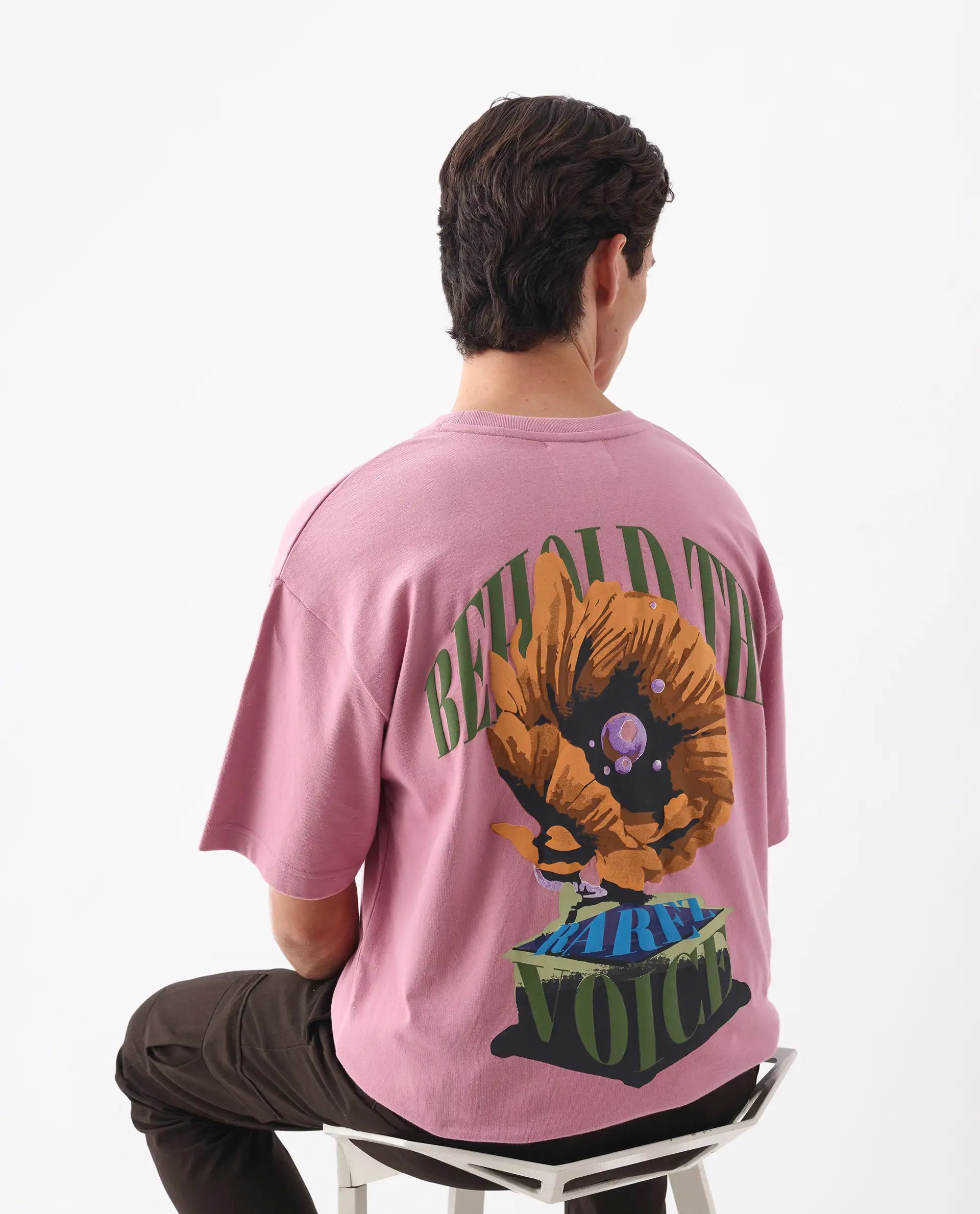 Rare Rabbit Men's Voiz Pink Cotton Graphic Print Oversized Fit Half Sleeve Crew Neck T-Shirt