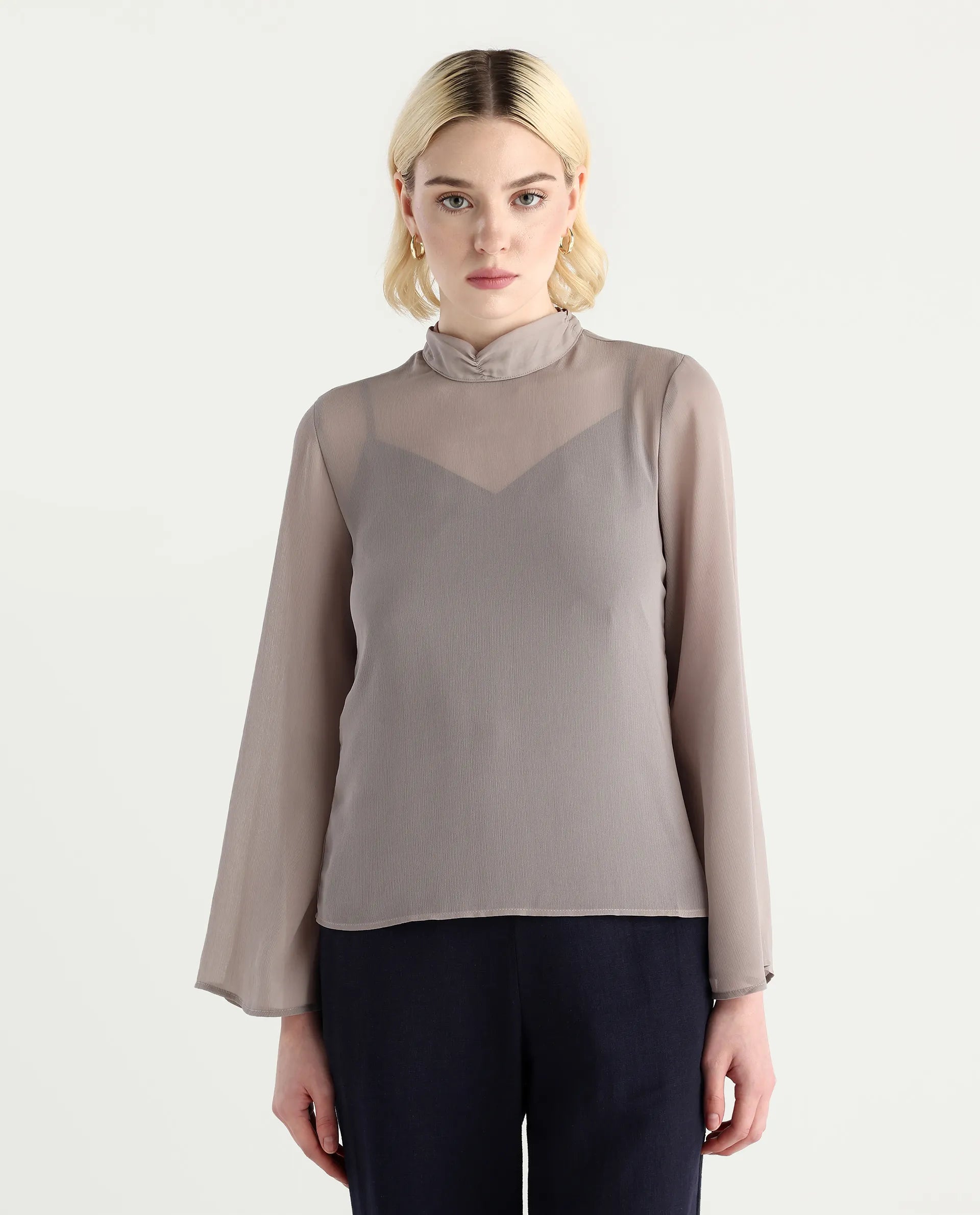 Rareism Women's Vokas Grey Polyester High Neck Plain Bell Sleeve Relaxed Fit Top