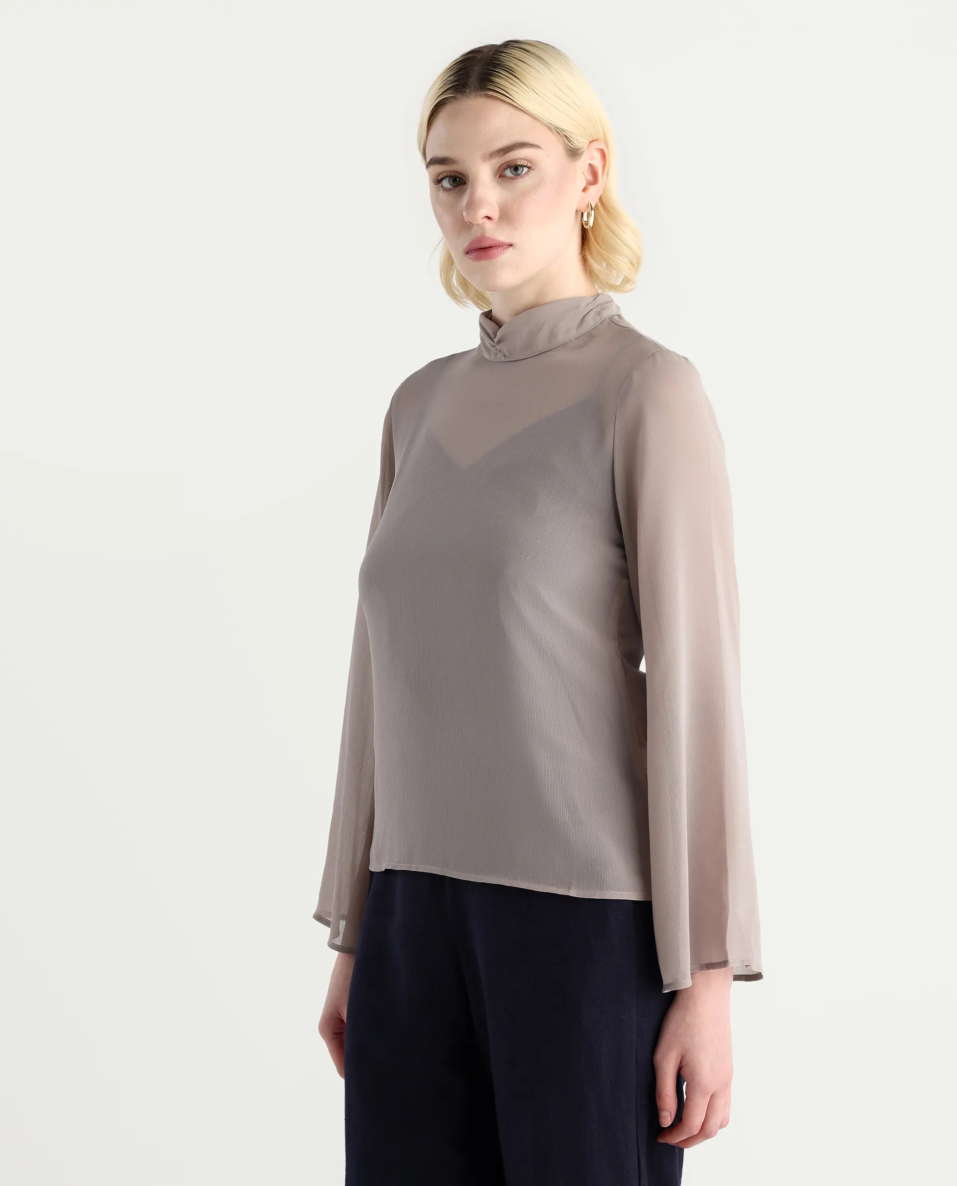 Rareism Women's Vokas Grey Polyester High Neck Plain Bell Sleeve Relaxed Fit Top