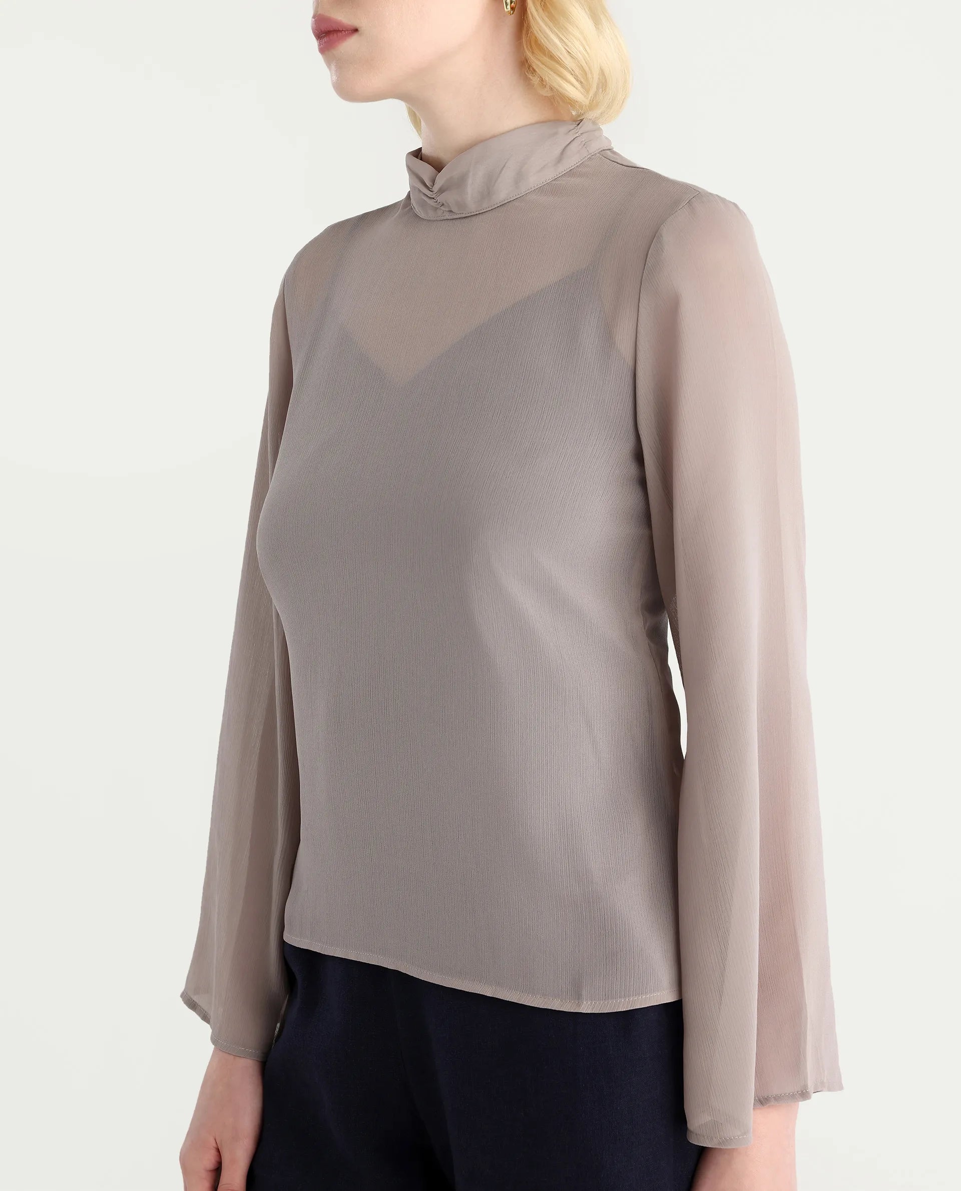 Rareism Women's Vokas Grey Polyester High Neck Plain Bell Sleeve Relaxed Fit Top