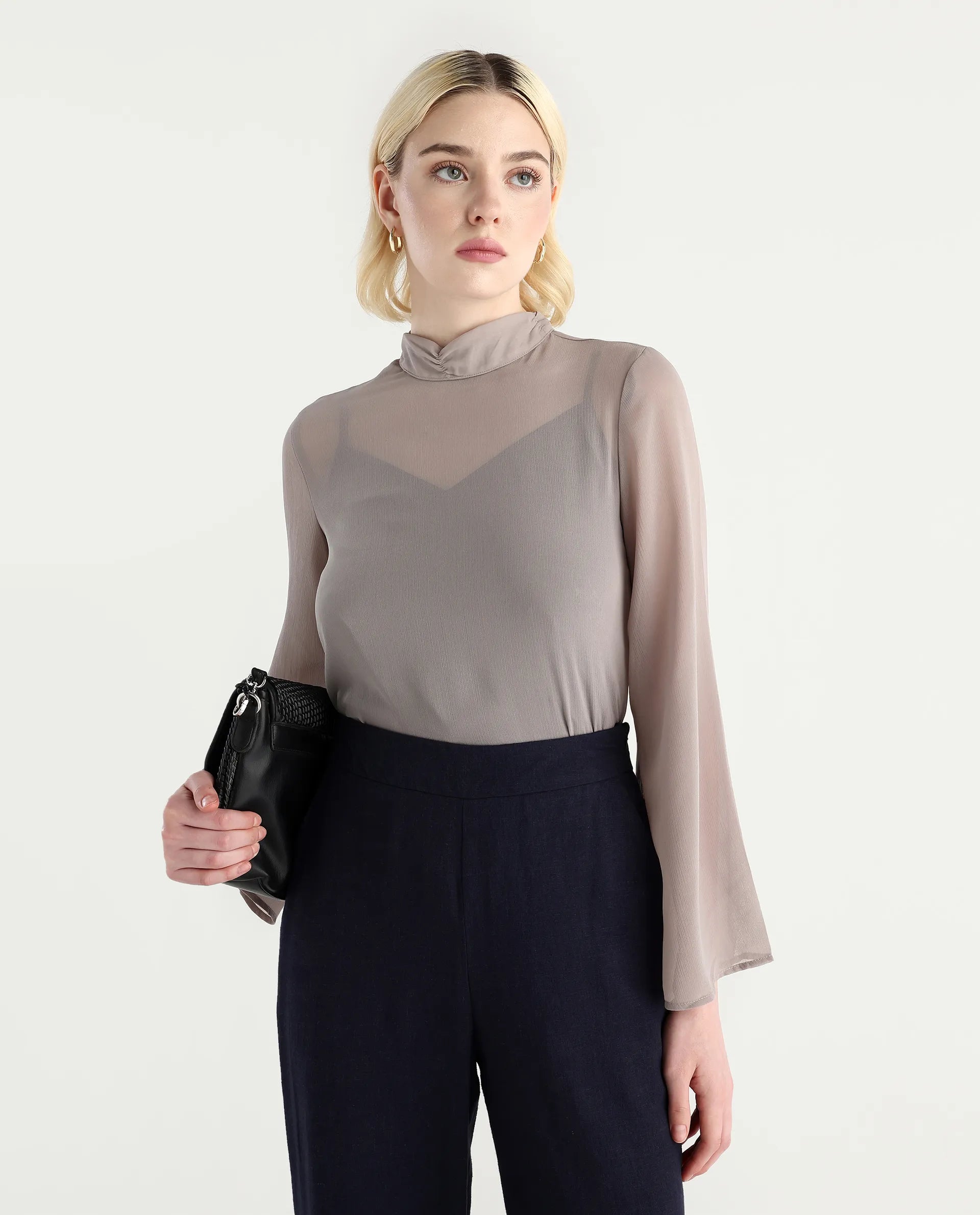 Rareism Women's Vokas Grey Polyester High Neck Plain Bell Sleeve Relaxed Fit Top