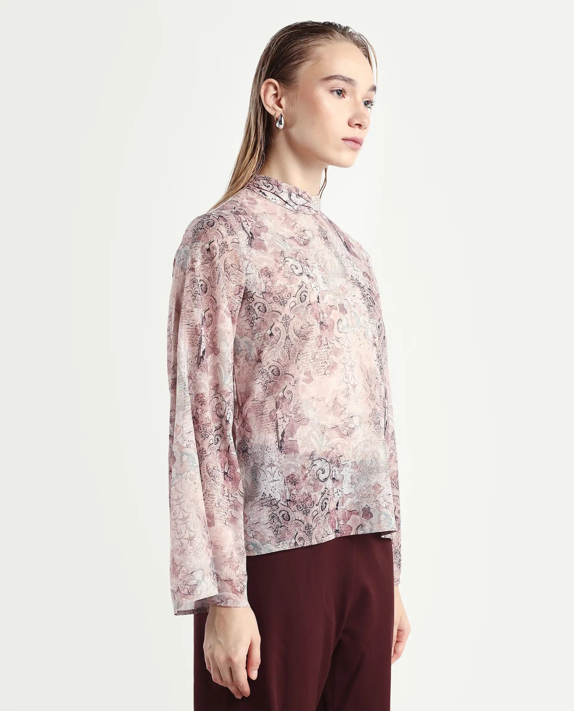 Rareism Women's Vokasna Multi Polyester High Neck Paisley Print Bell Sleeve Relaxed Fit Top