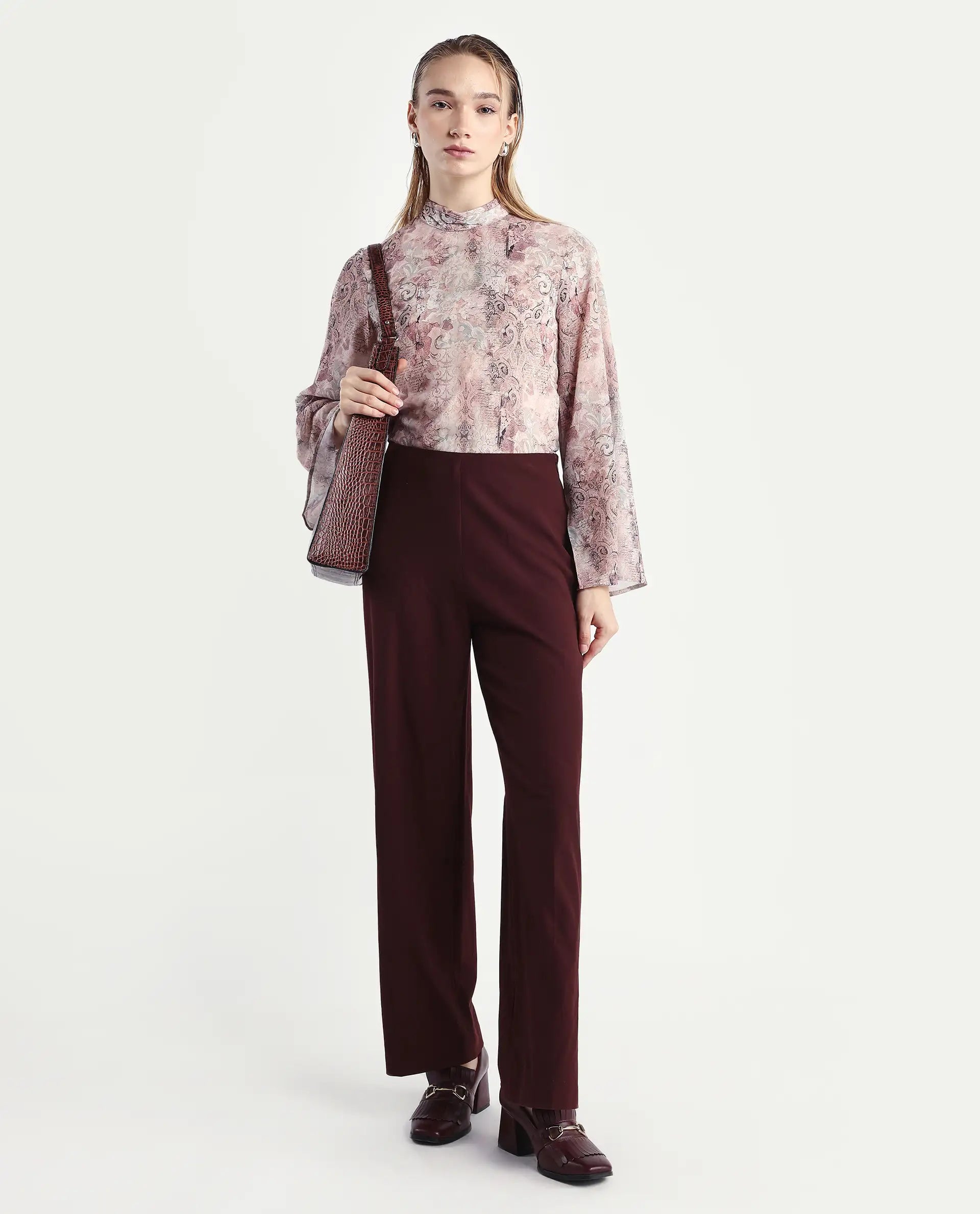 Rareism Women's Vokasna Multi Polyester High Neck Paisley Print Bell Sleeve Relaxed Fit Top