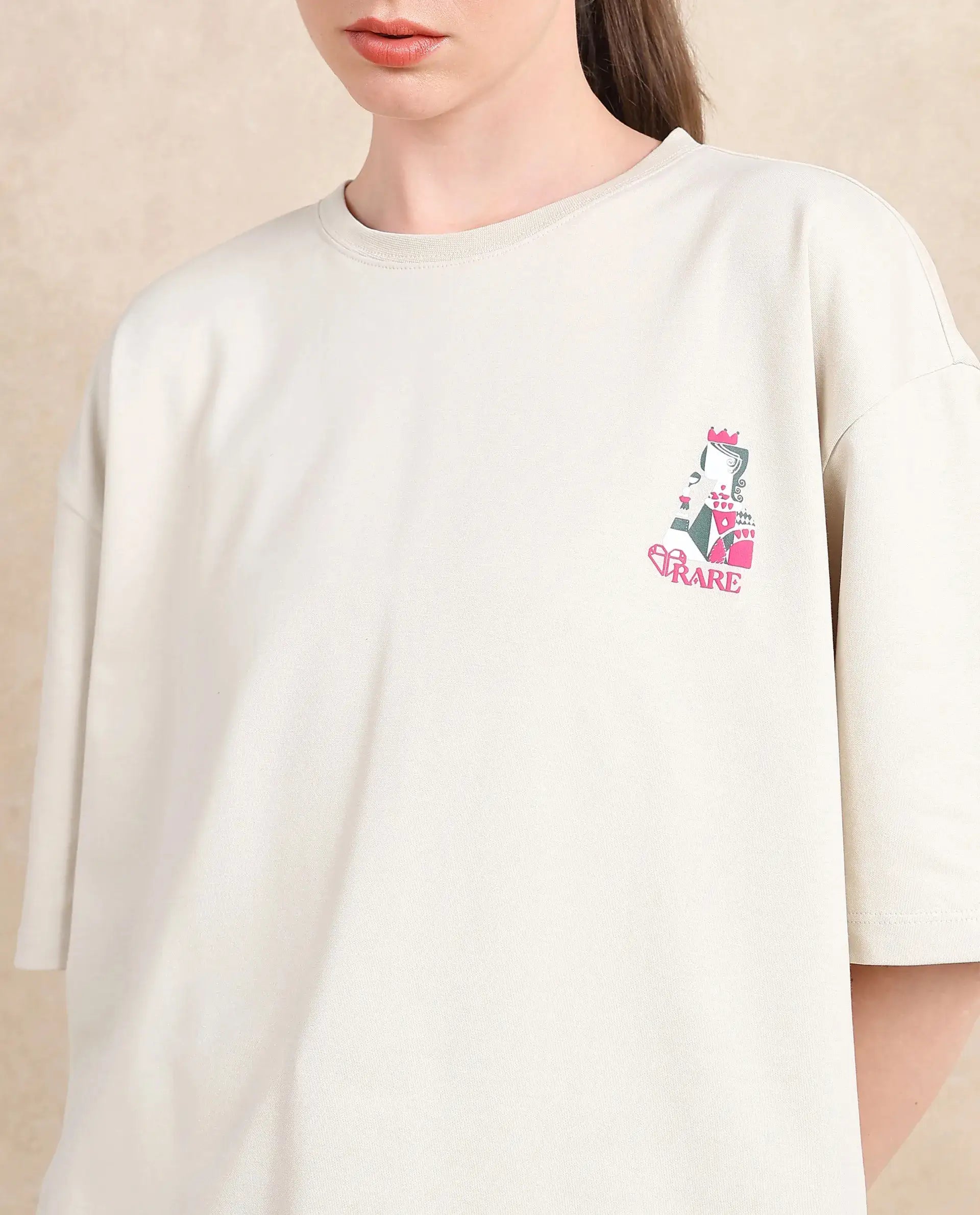 Rareism Women's Voke Beige Cotton Blend Crew Neck Graphic Rareism Women's Voke Beige Cotton Blend Crew Neck Graphic