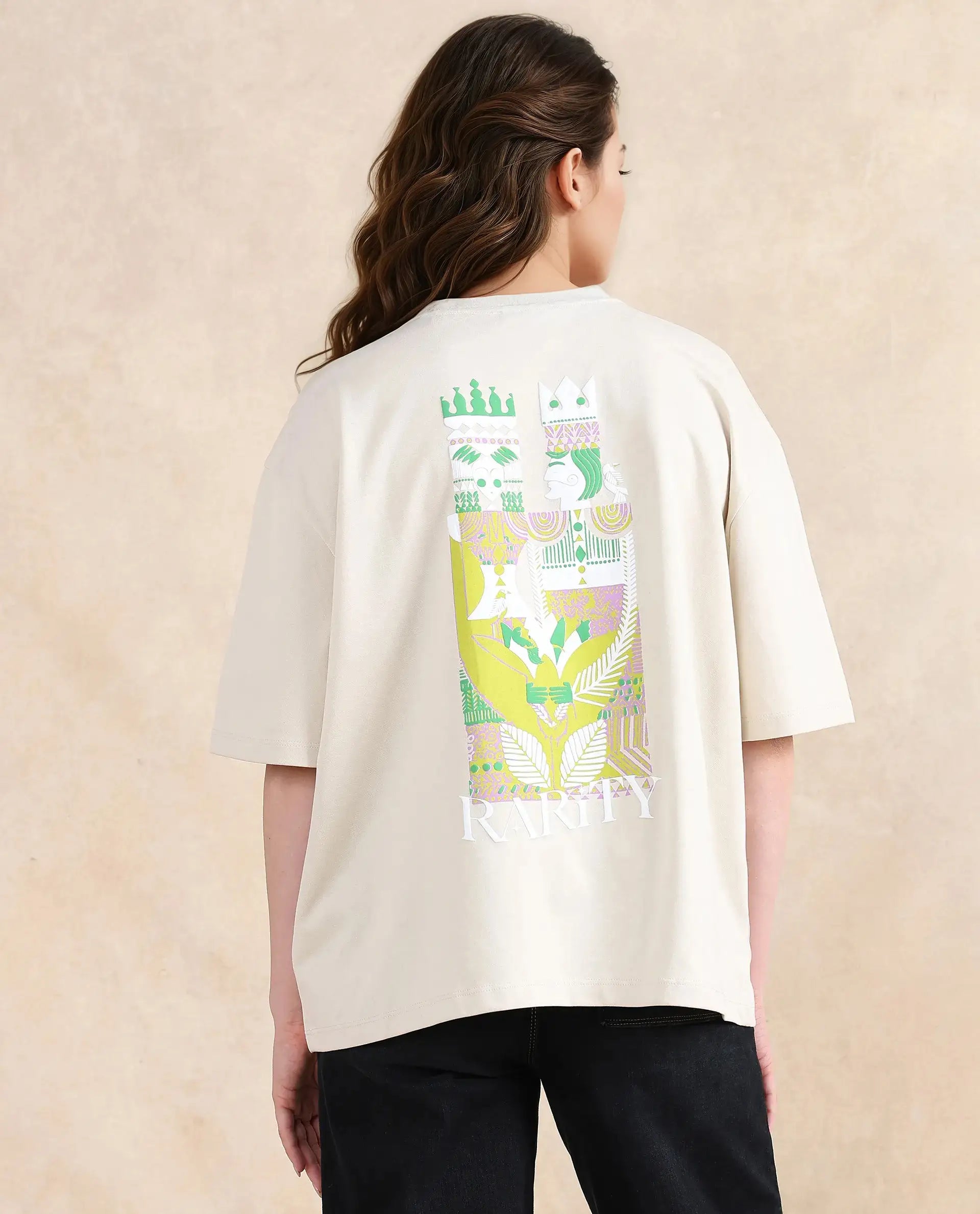 Rareism Women's Voke Beige Cotton Blend Crew Neck Graphic Print Oversi Rareism Women's Voke Beige Cotton Blend Crew Neck Graphic Print Oversi