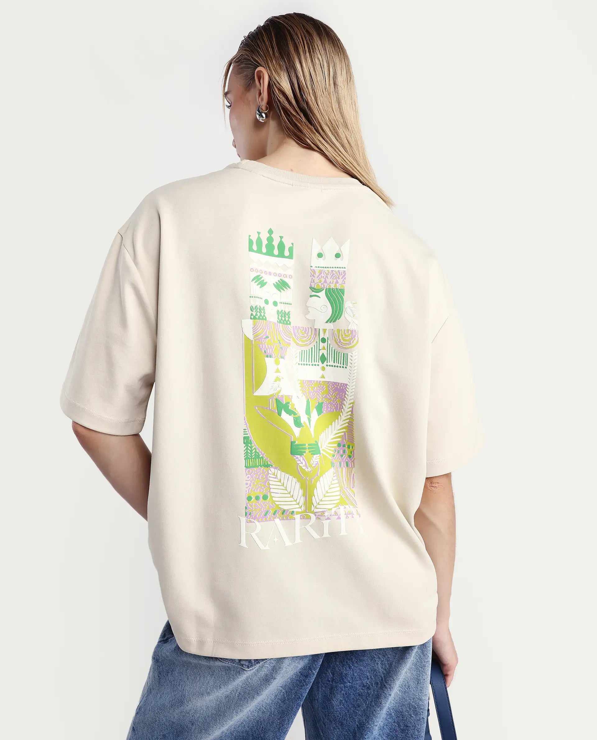Rareism Women's Voke Beige Cotton Blend Crew Neck Graphic Print Oversized T-Shirt