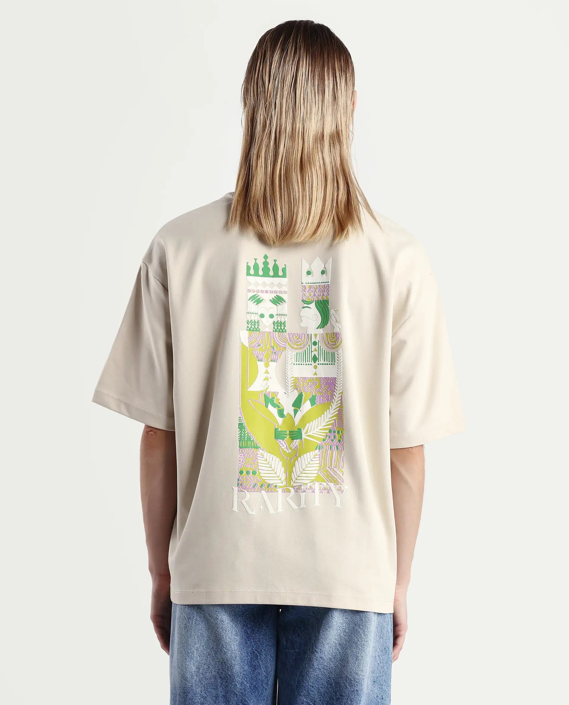 Rareism Women's Voke Beige Cotton Blend Crew Neck Graphic Print Oversized T-Shirt