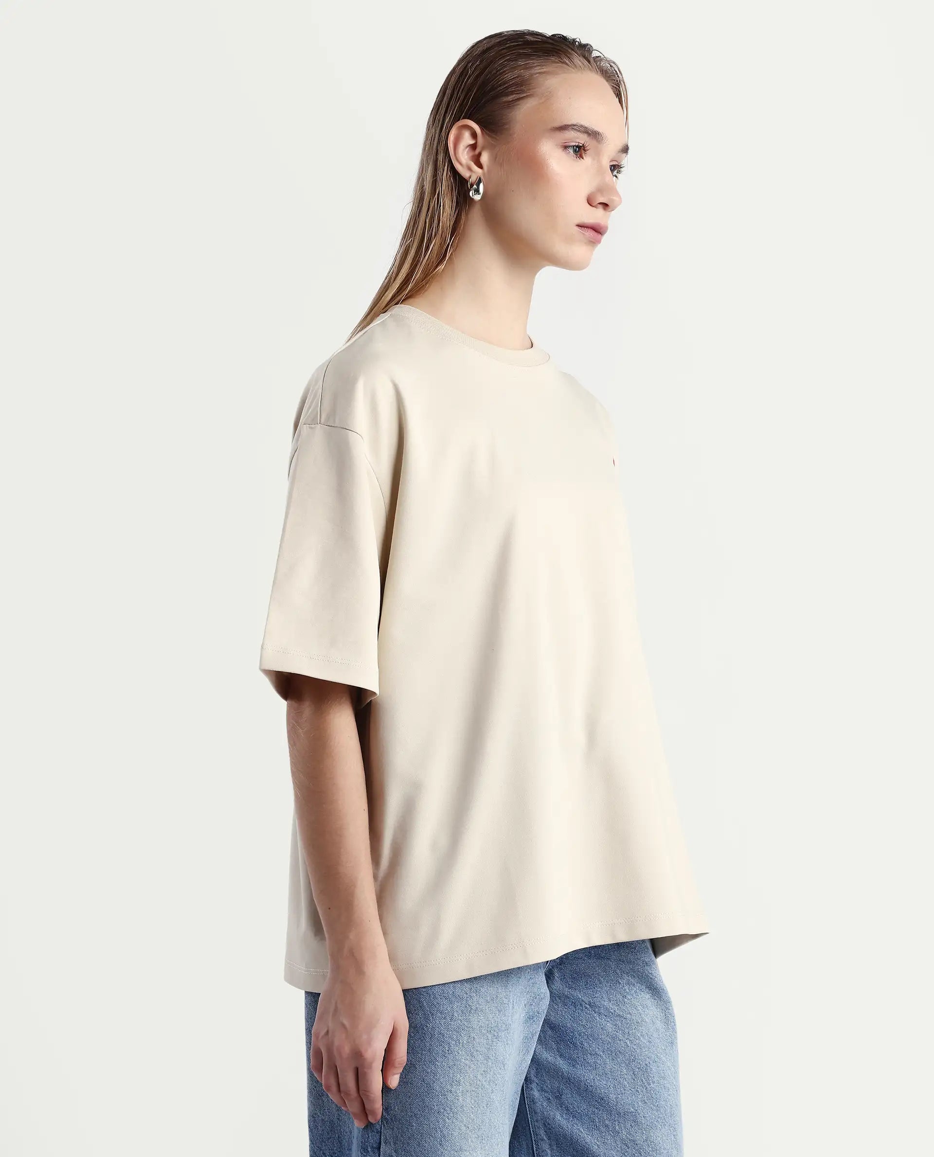 Rareism Women's Voke Beige Cotton Blend Crew Neck Graphic Print Oversized T-Shirt