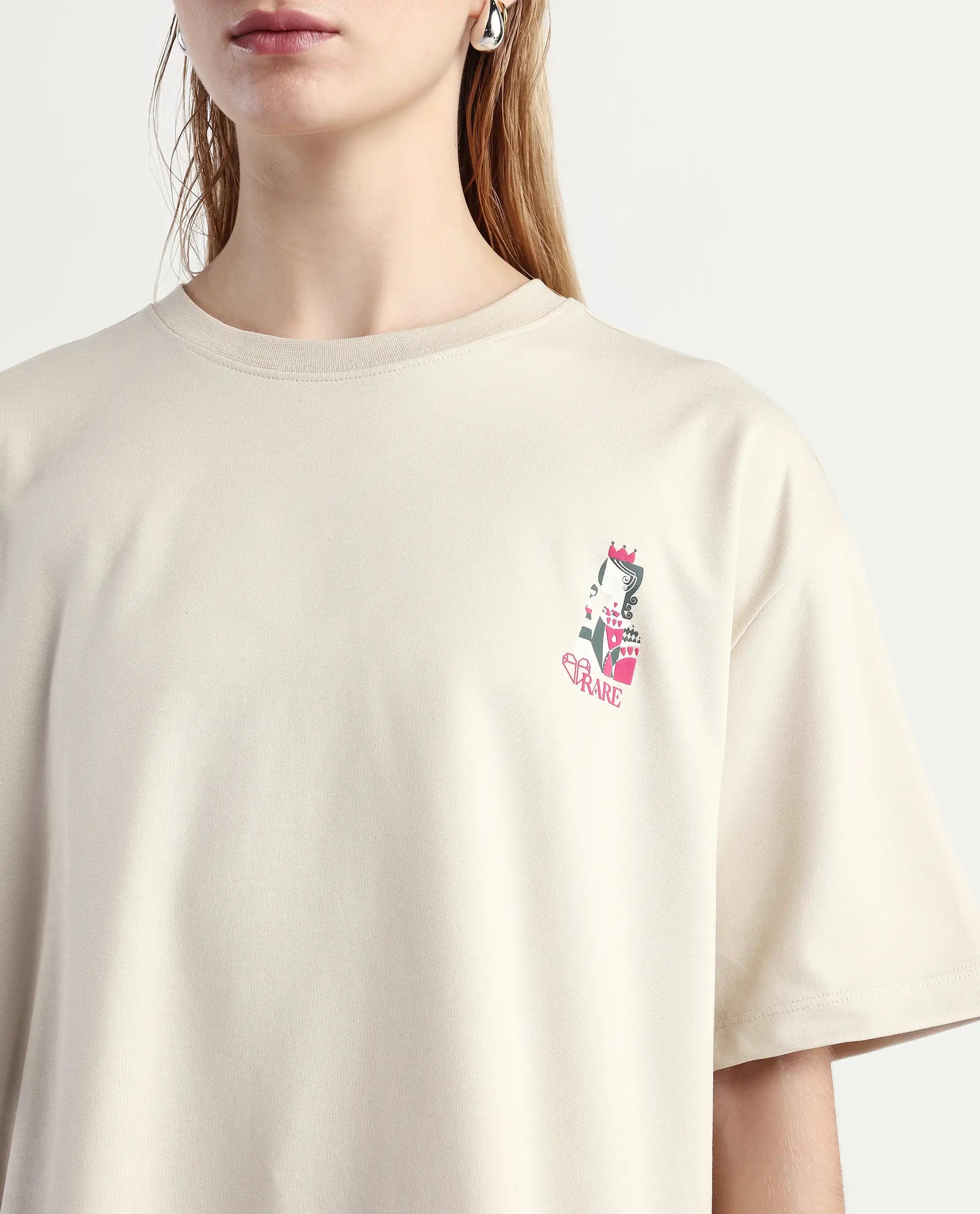 Rareism Women's Voke Beige Cotton Blend Crew Neck Graphic Print Oversized T-Shirt