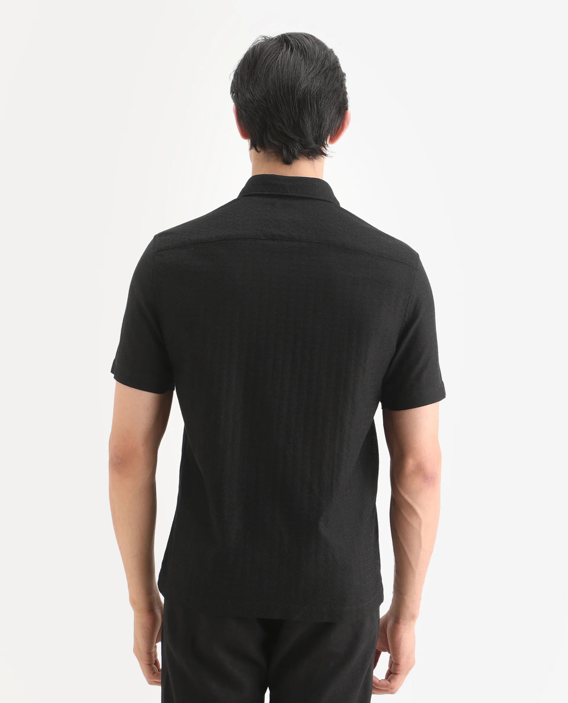 Rare Rabbit Men's Volda Black Cotton Fabric Half Sleeve Spread Collar Regular Fit Textured Shirt