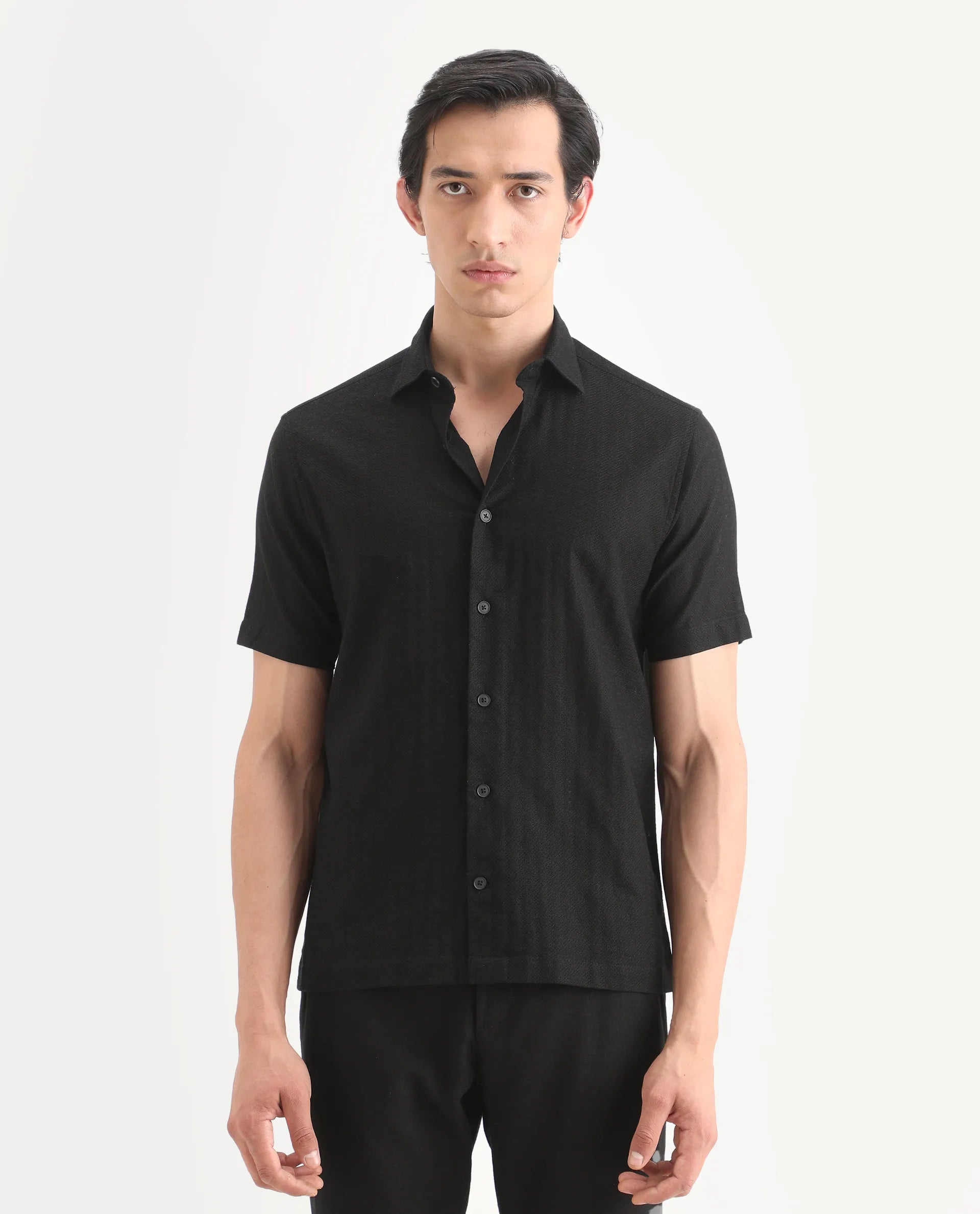 Rare Rabbit Men's Volda Black Cotton Fabric Half Sleeve Spread Collar Regular Fit Textured Shirt