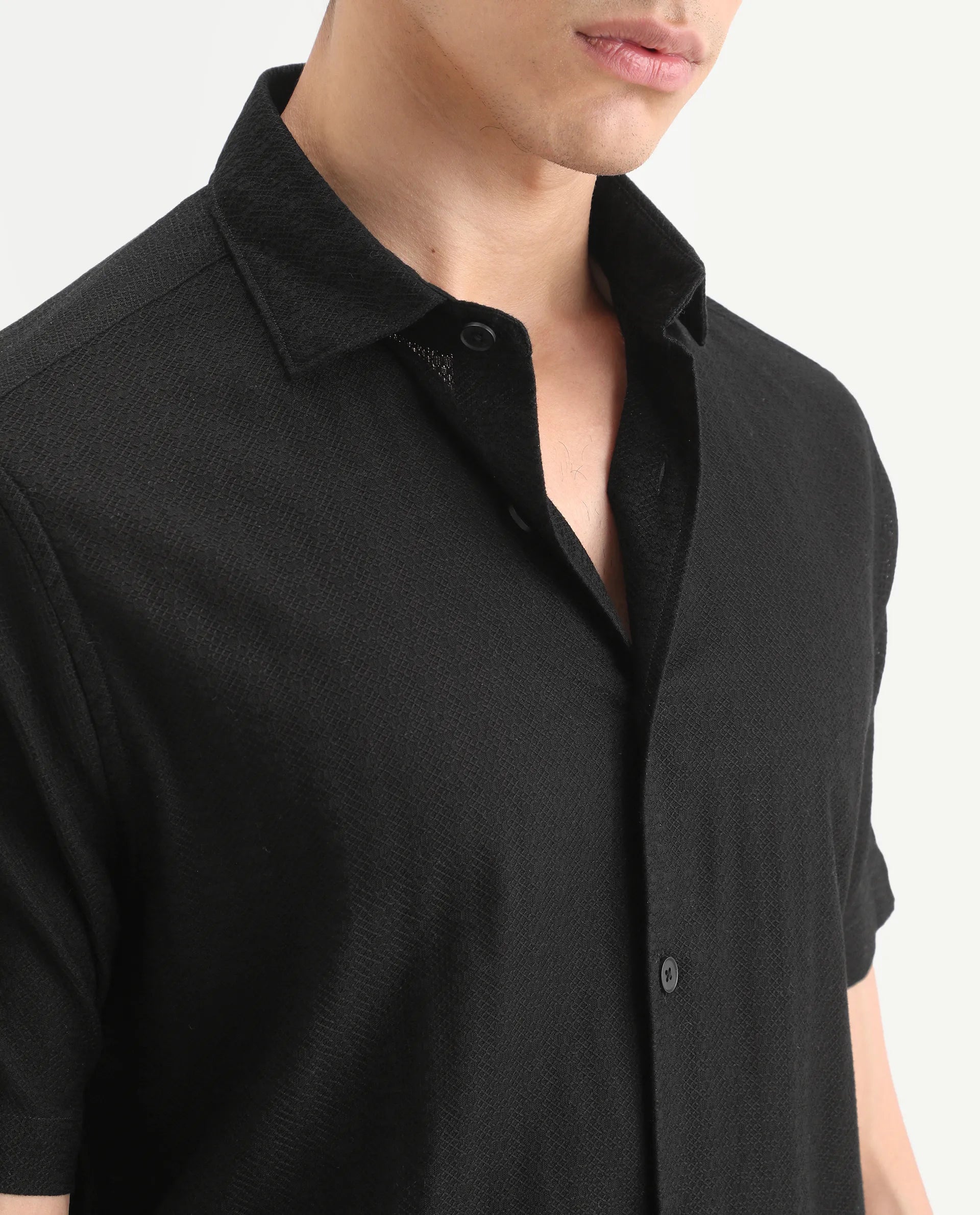 Rare Rabbit Men's Volda Black Cotton Fabric Half Sleeve Spread Collar Regular Fit Textured Shirt