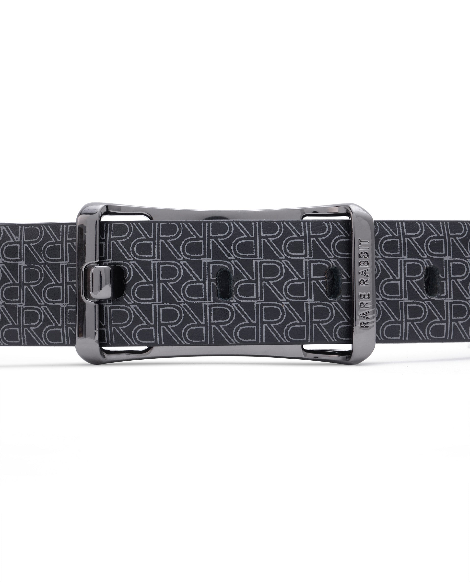 Rare Rabbit Men's Volde Black Reversible Monogram Print Gun Metal Belt