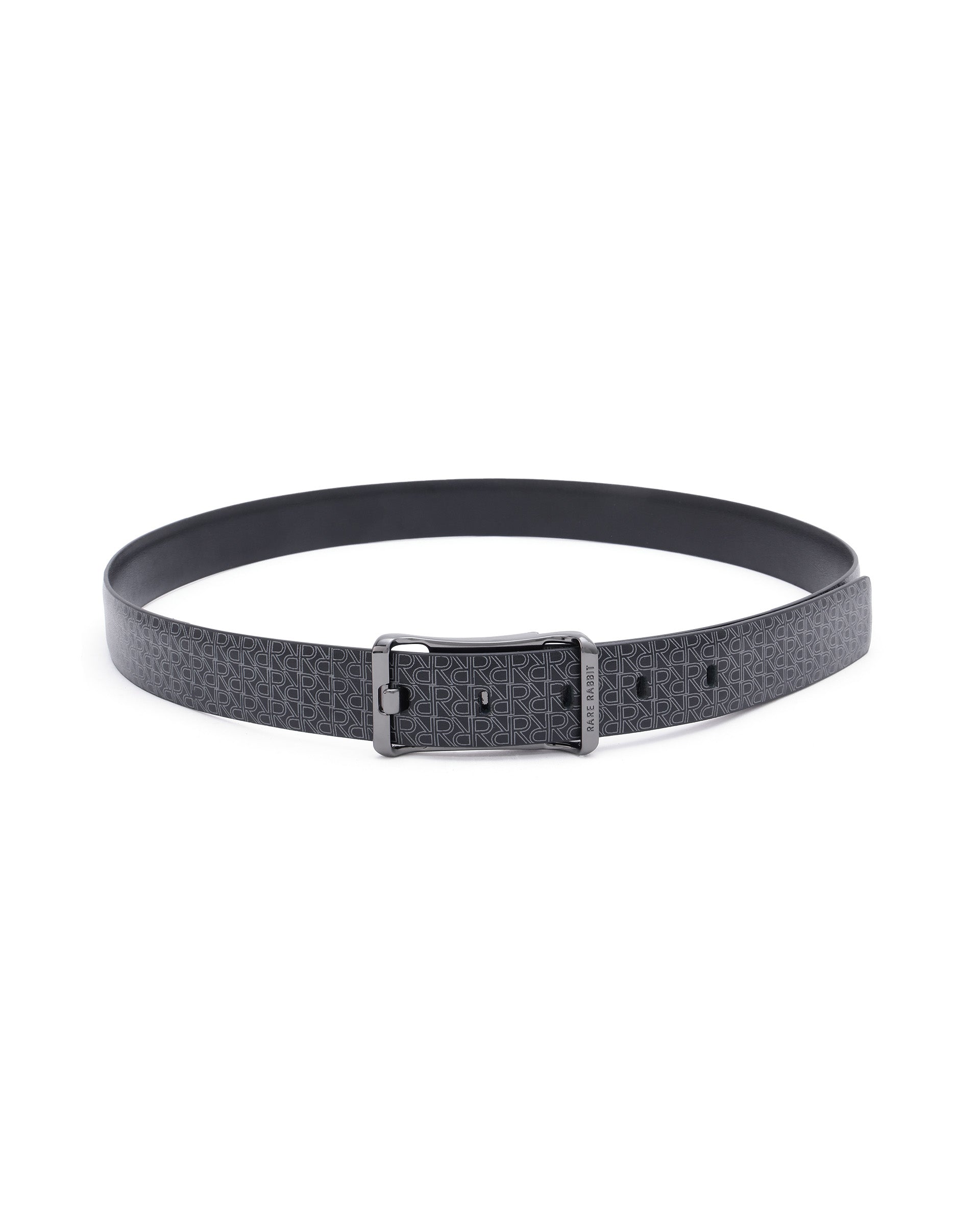 Rare Rabbit Men's Volde Black Reversible Monogram Print Gun Metal Belt
