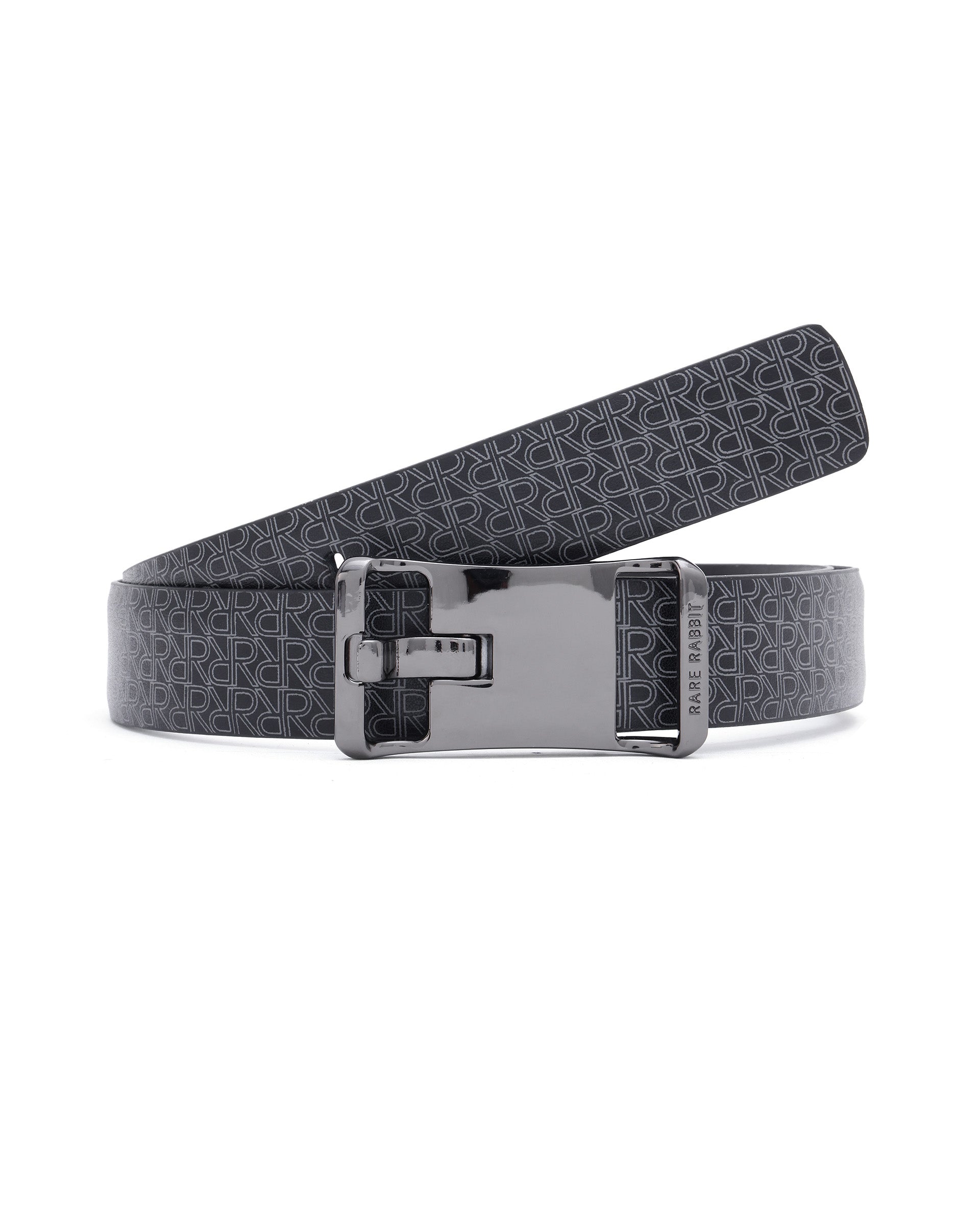 Rare Rabbit Men's Volde Black Reversible Monogram Print Gun Metal Belt