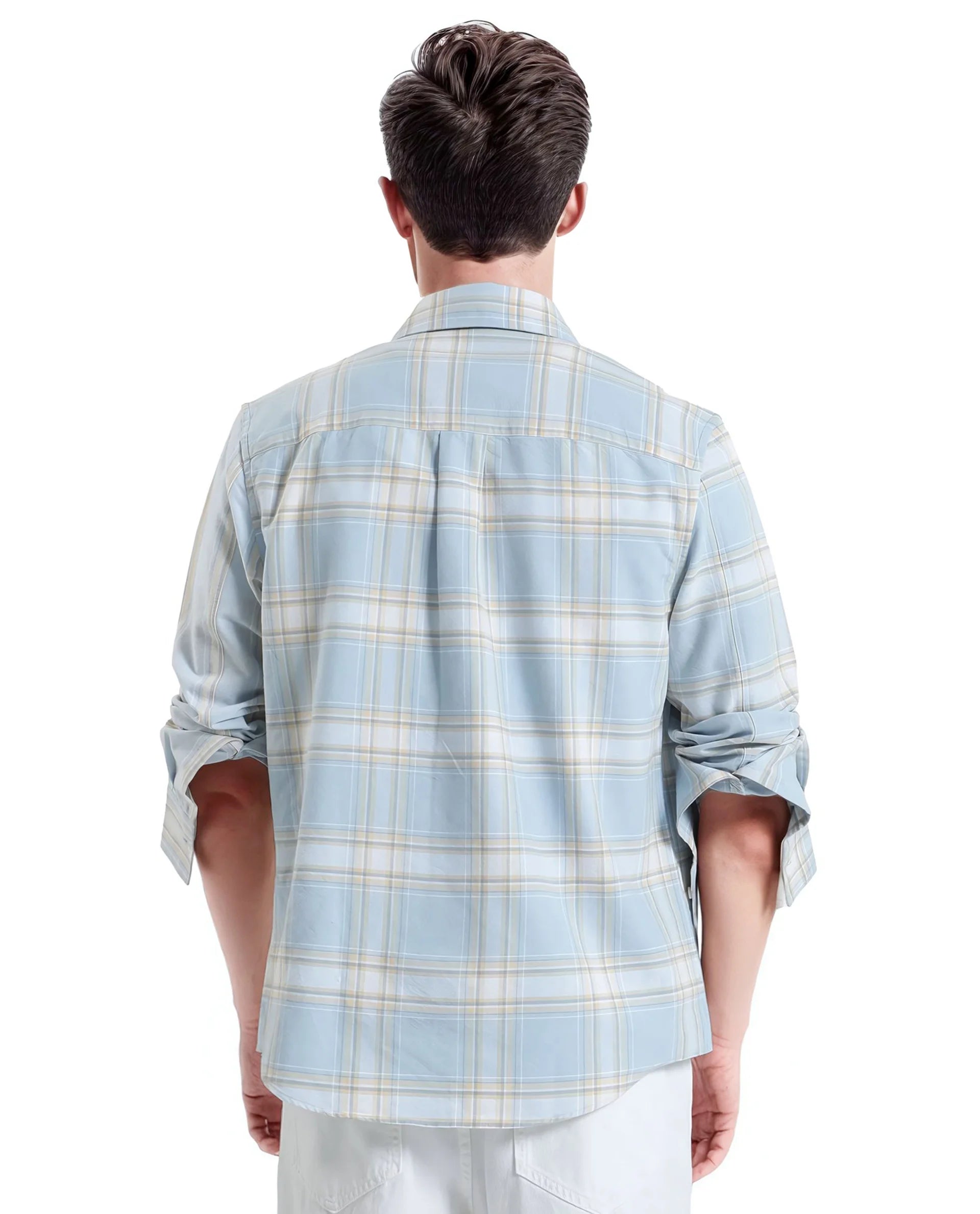 Rare Rabbit Men's Volgos Pastel Blue Cotton Fabric Full Sleeve Regular Fit Check Printed Shirt