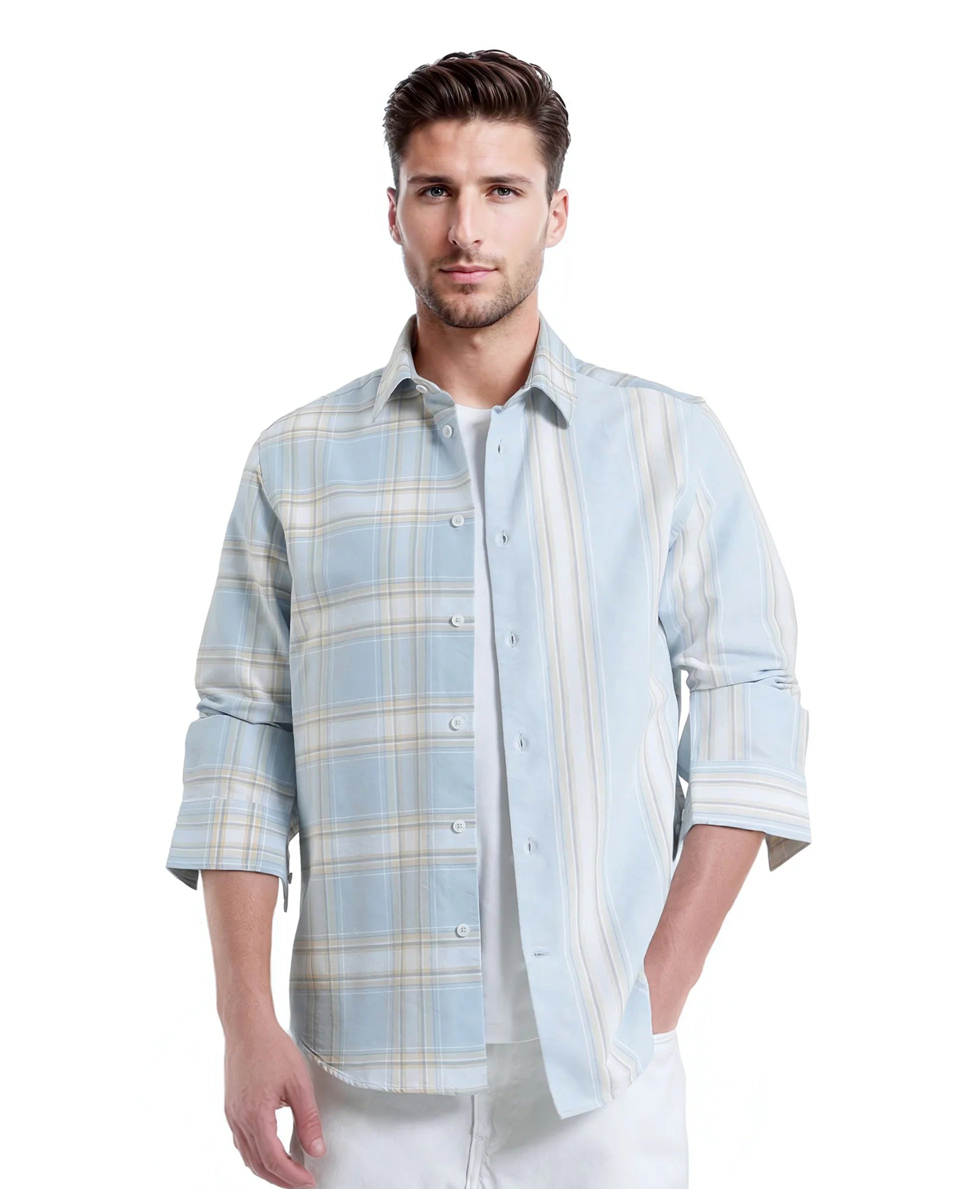 Rare Rabbit Men's Volgos Pastel Blue Cotton Fabric Full Sleeve Regular Fit Check Printed Shirt