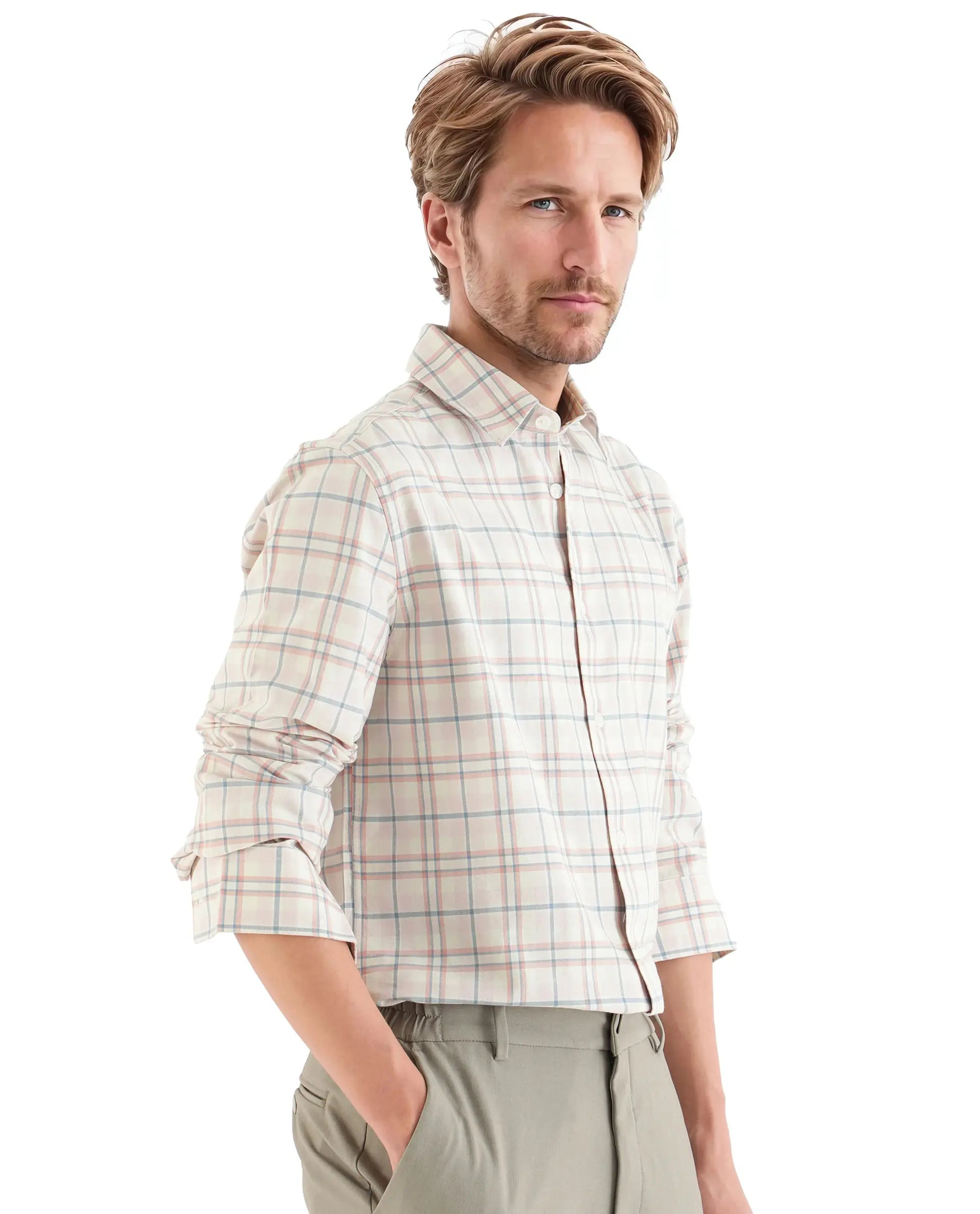 Rare Rabbit Men's Volgos Pastel Pink Cotton Fabric Full Sleeve Regular Fit Check Printed Shirt