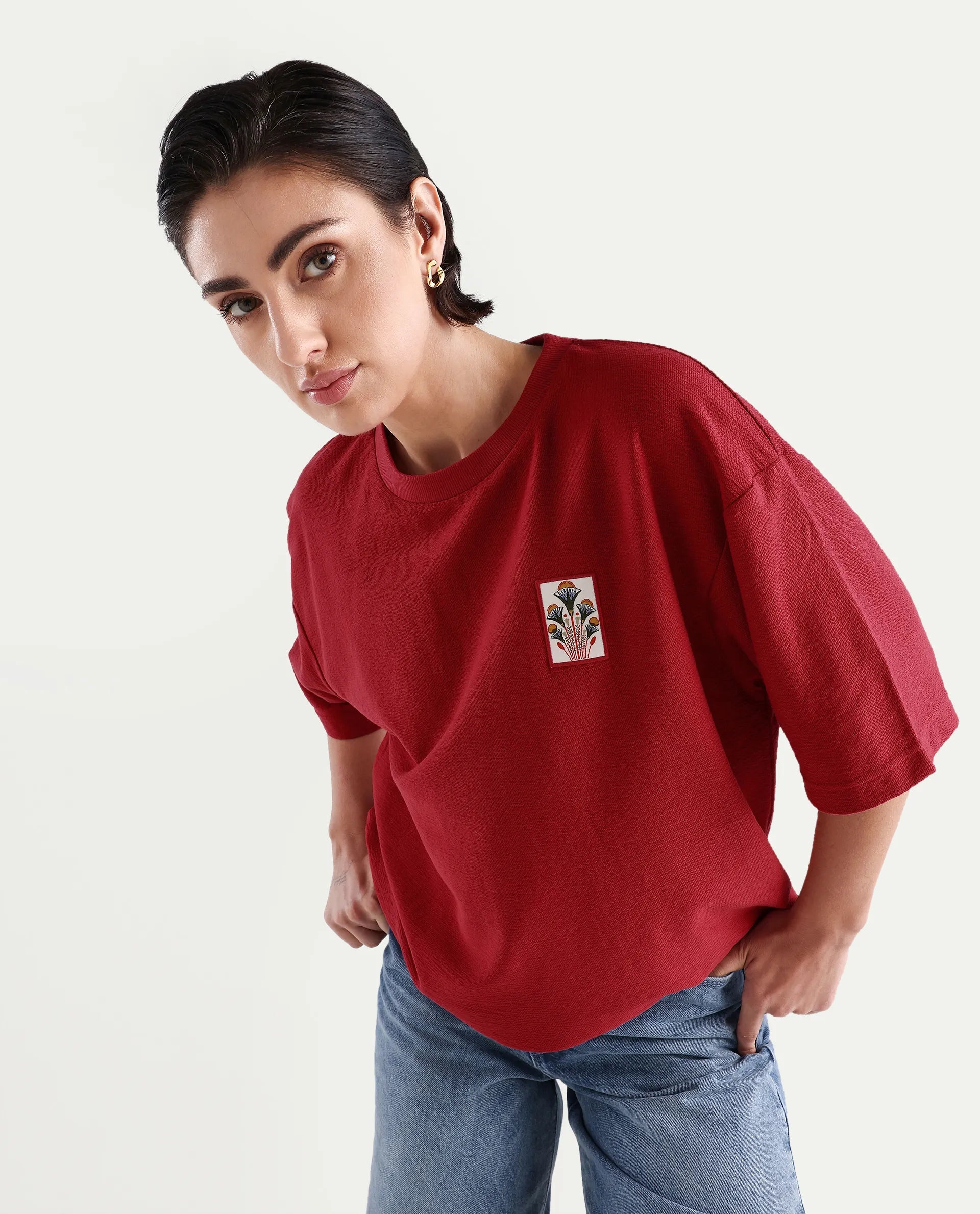 Rareism Women's Volo Red Cotton Graphic Print Oversized T-Shirt