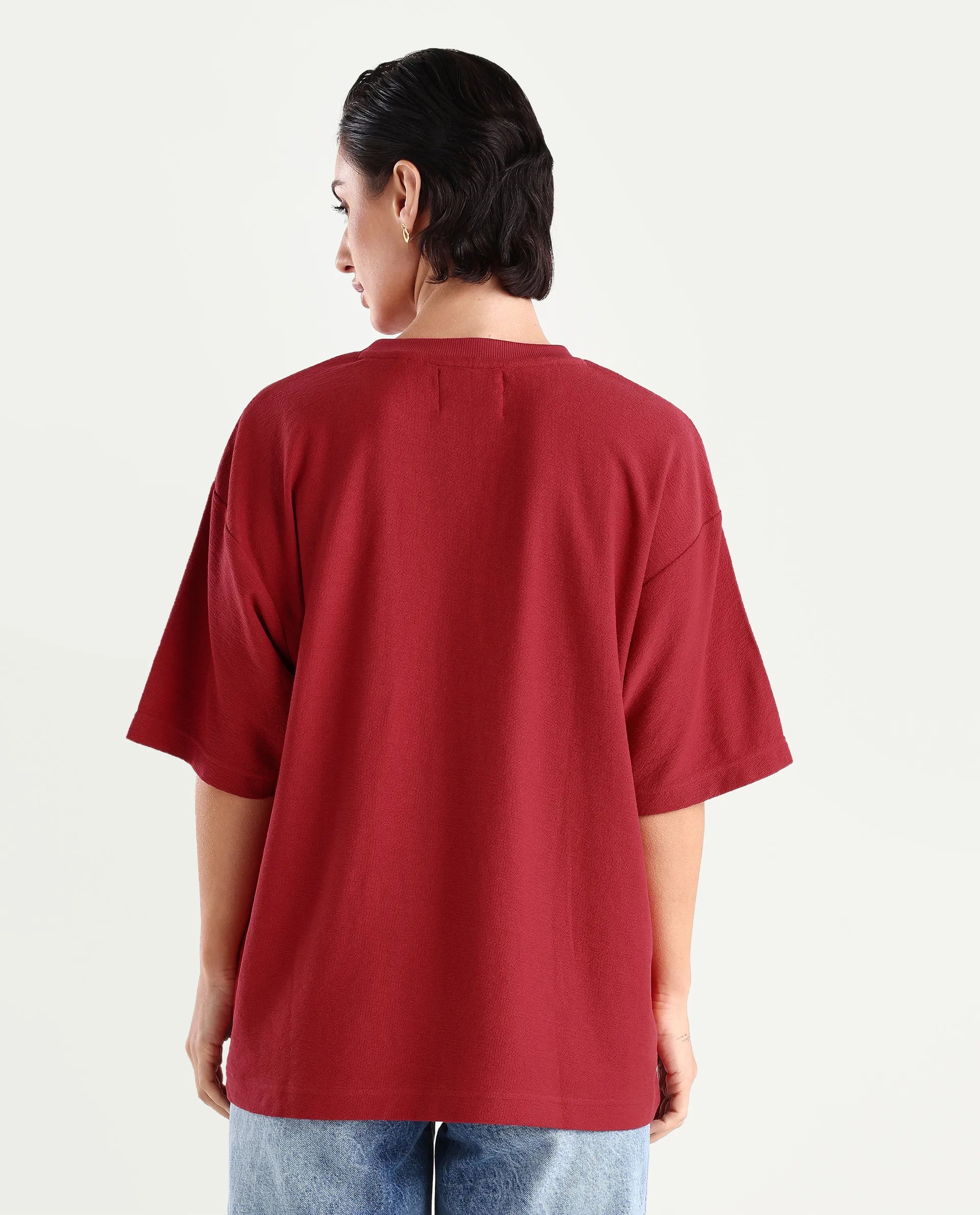 Rareism Women's Volo Red Cotton Graphic Print Oversized T-Shirt