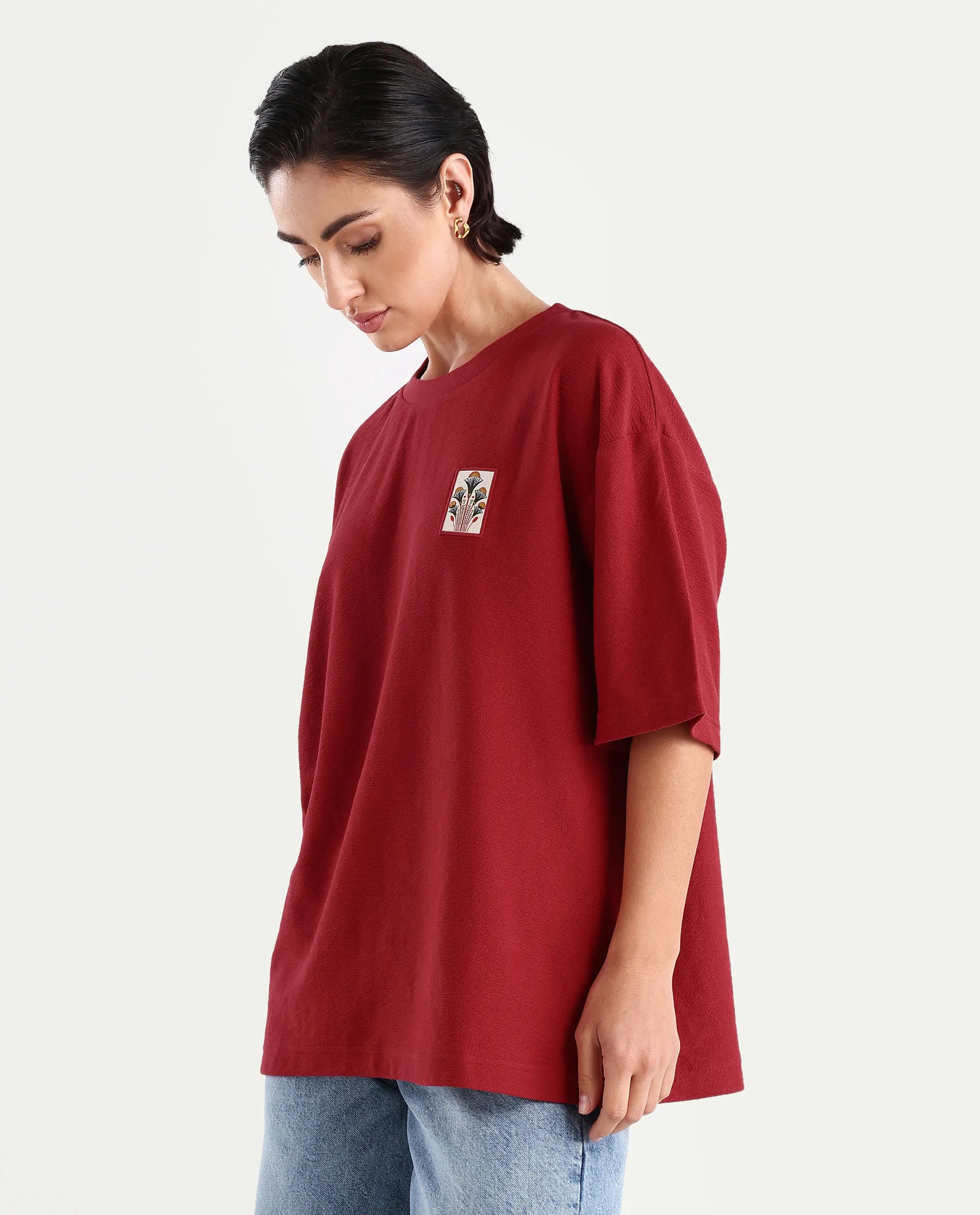 Rareism Women's Volo Red Cotton Graphic Print Oversized T-Shirt
