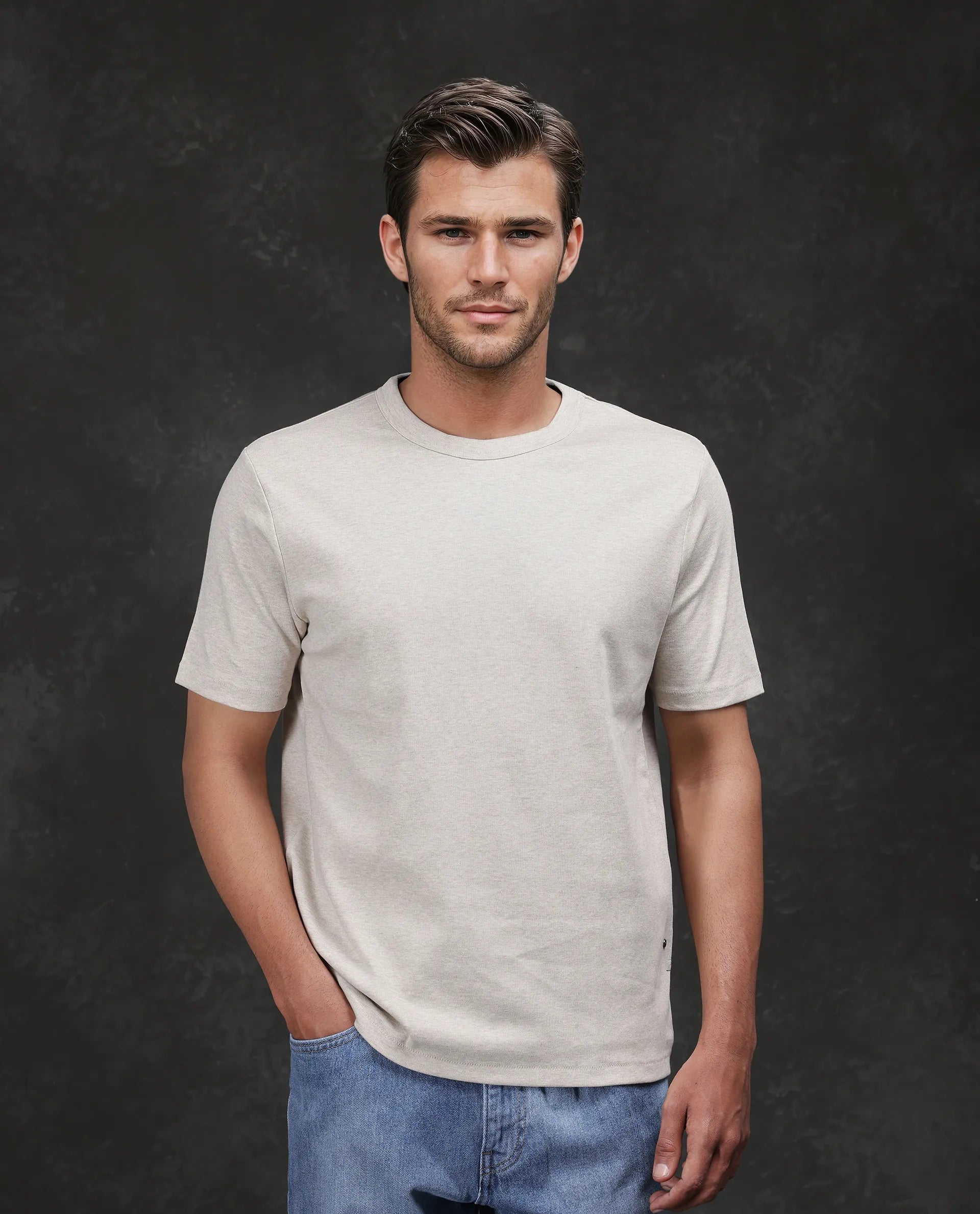 Rare Rabbit Men Volt-Mel Beige Cotton Fabric Short Sleeve Crew Neck Regular Fit Plain T-Shirt