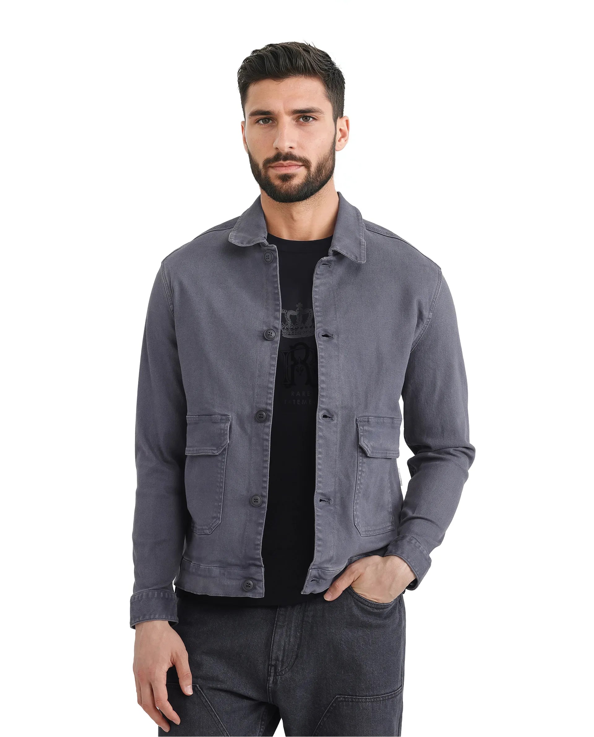 Rare Rabbit Men Volta Dark Grey Cotton Blend Fabric Button Closure Two Front Flap Pocket Regular Fit Plain Jacket