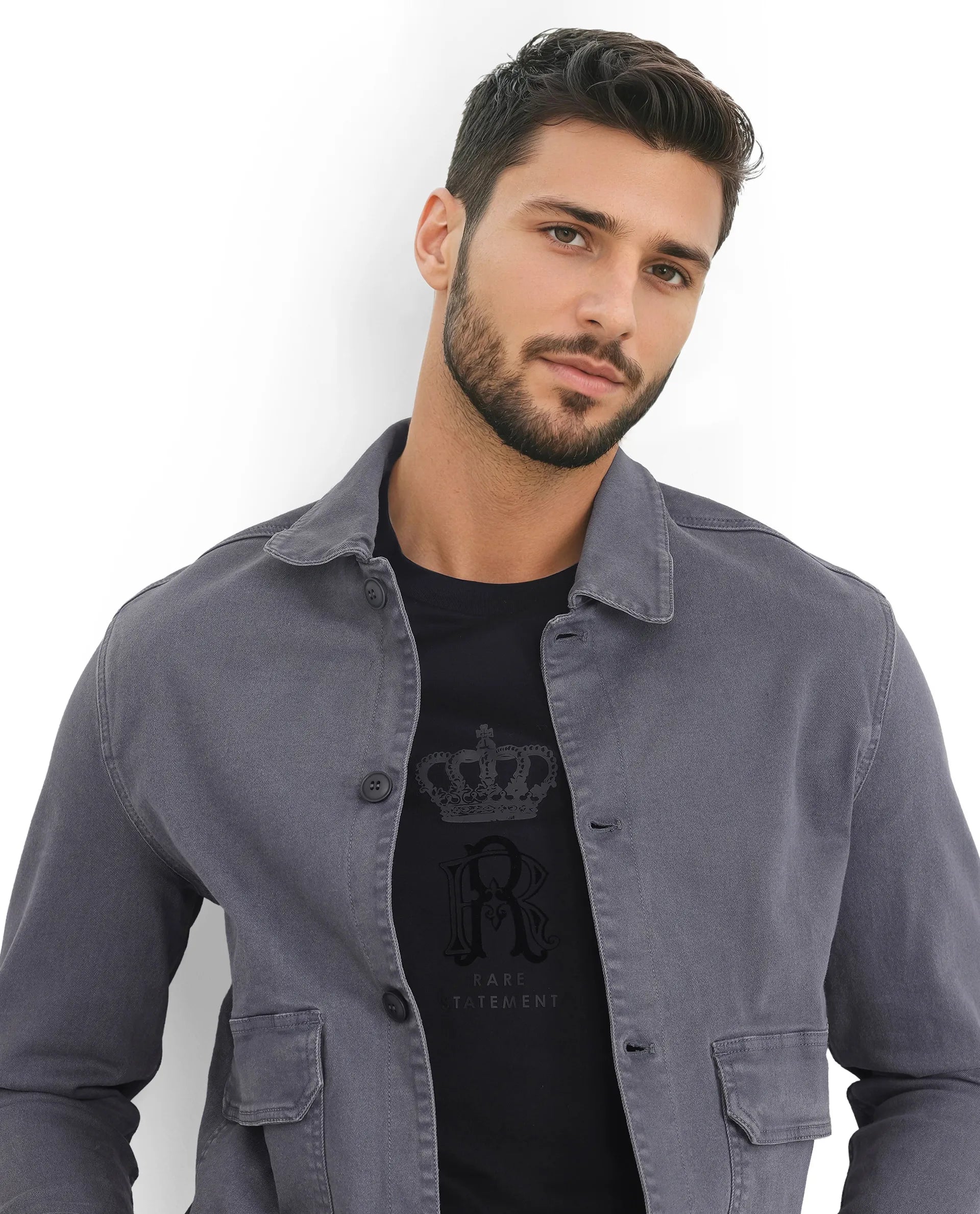 Rare Rabbit Men Volta Dark Grey Cotton Blend Fabric Button Closure Two Front Flap Pocket Regular Fit Plain Jacket