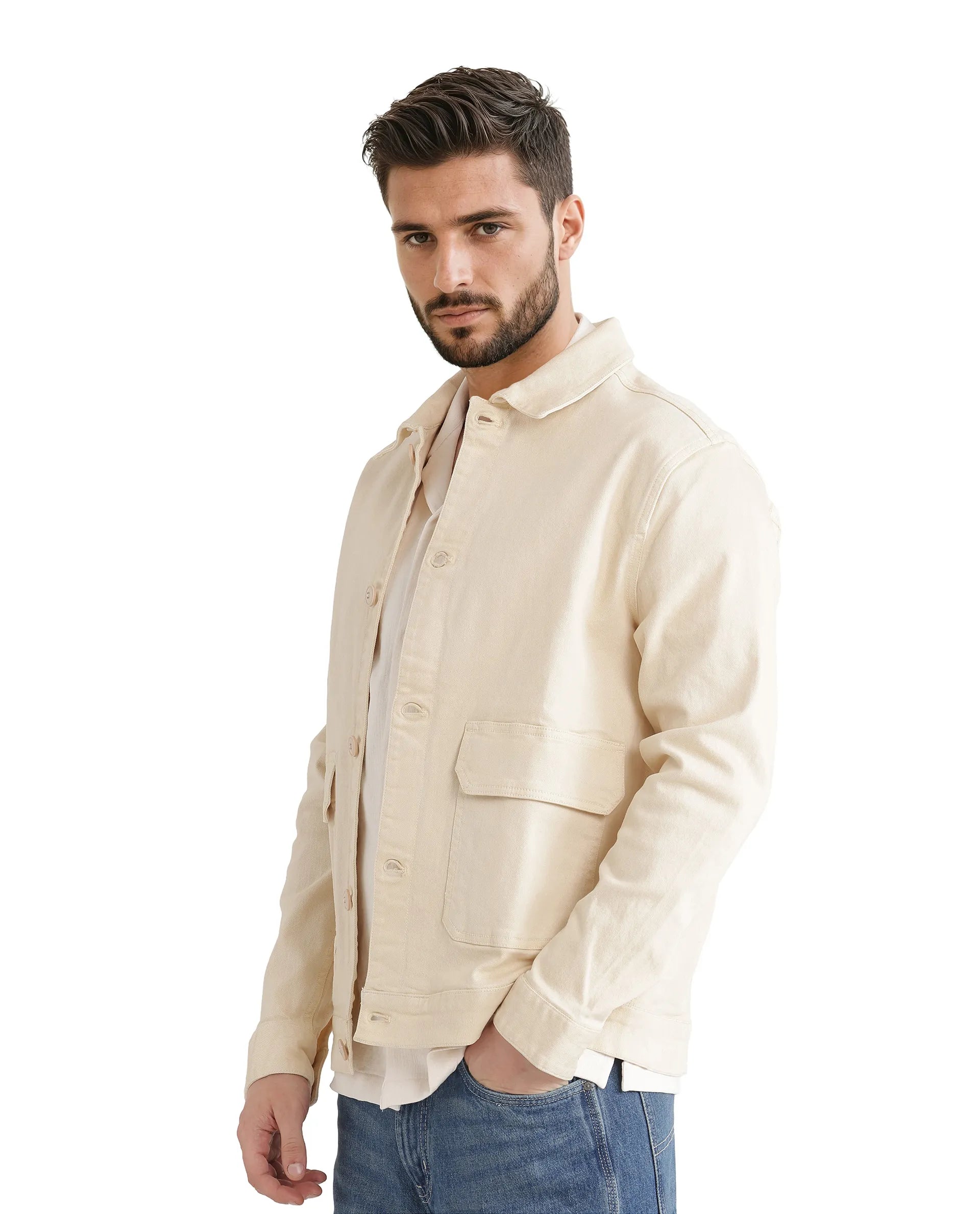 Rare Rabbit Men Volta Off White Cotton Blend Fabric Button Closure Two Front Flap Pocket Regular Fit Plain Jacket