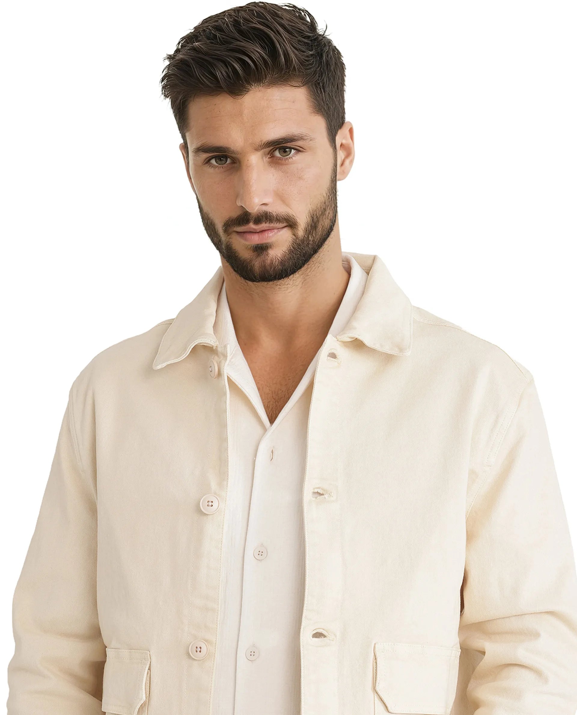 Rare Rabbit Men Volta Off White Cotton Blend Fabric Button Closure Two Front Flap Pocket Regular Fit Plain Jacket